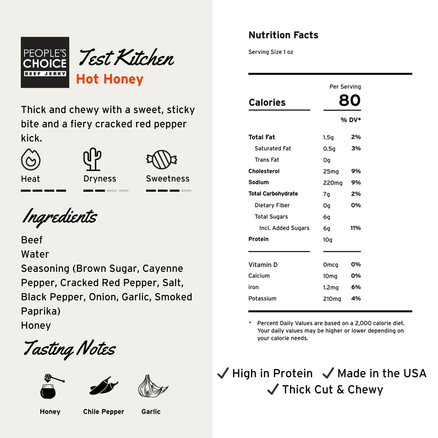 People’s Choice Beef Jerky - Test Kitchen - Hot Honey - Sweet & Spicy - 10g Protein - Made in USA - 1 Pound (16 oz) Bag