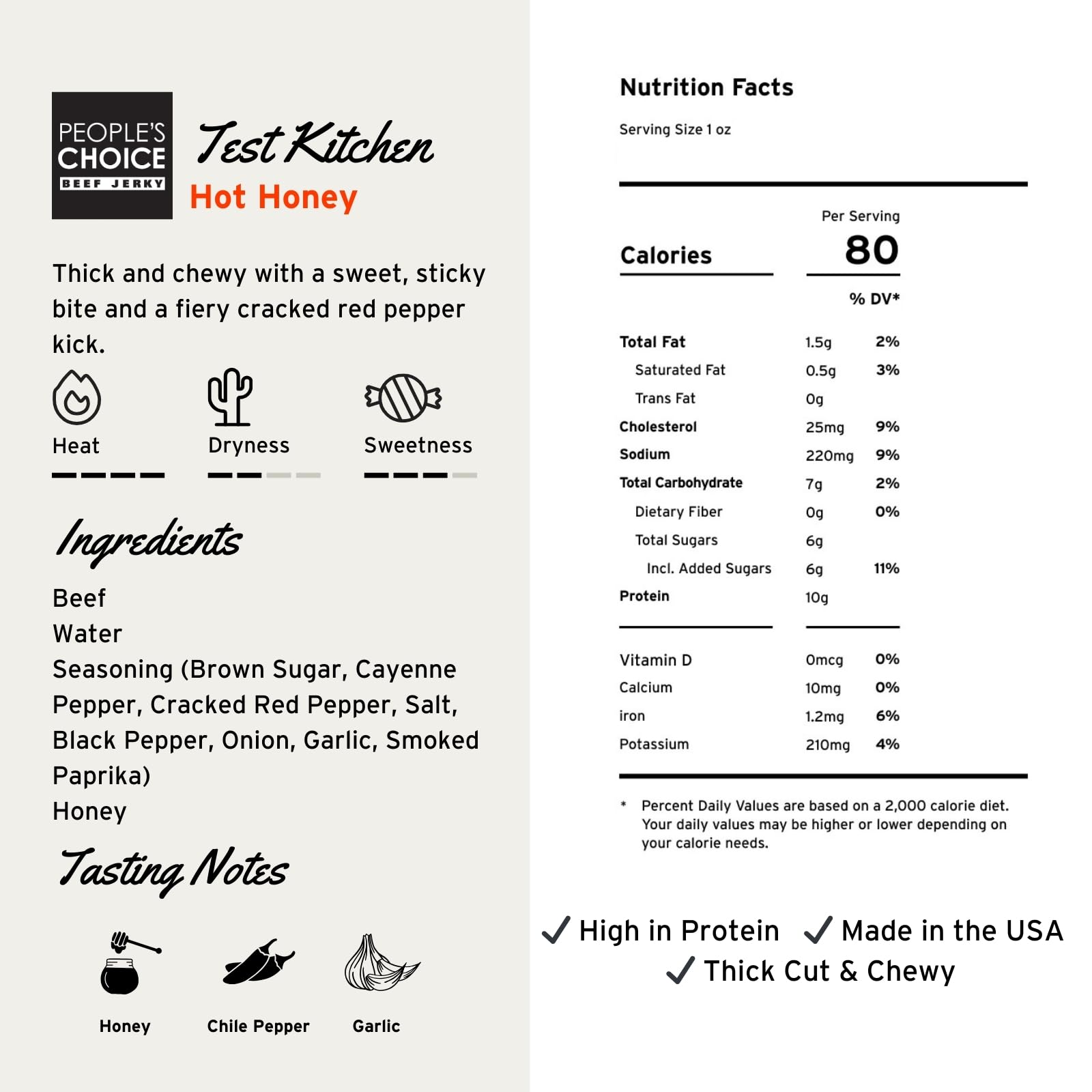 People’s Choice Beef Jerky - Test Kitchen - Hot Honey - Sweet & Spicy - 10g Protein - Made in USA - 1 Pound (16 oz) Bag