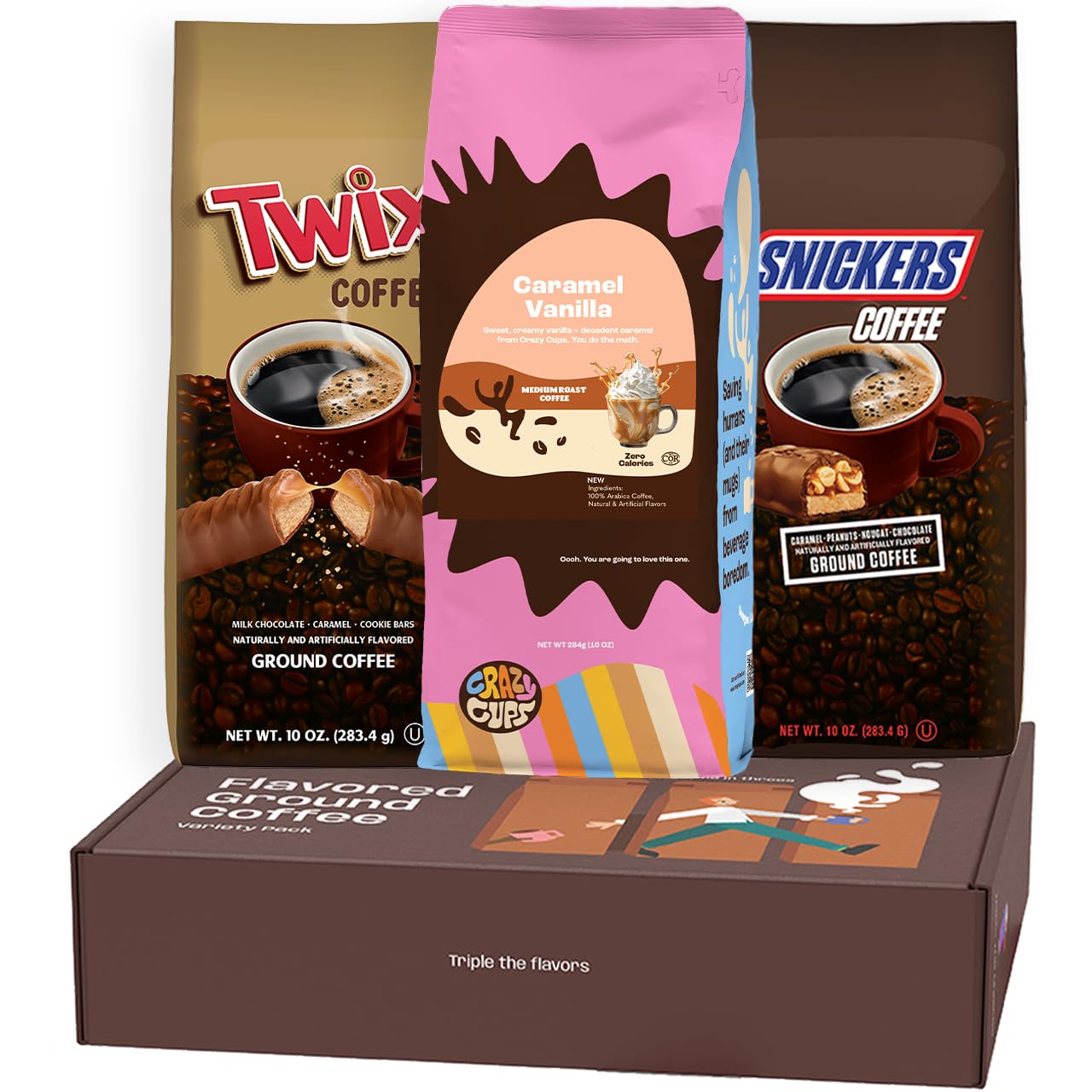 Perfect Samplers Flavored Ground Coffee Gift Box Variety Pack, Milky Way, Twix, Caramel Vanilla, Medium Roast Ground Coffee Sampler, 3 Pack