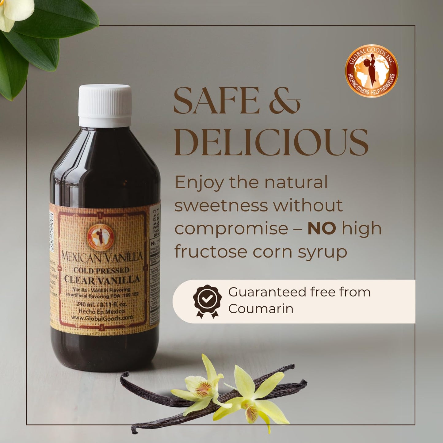 Pure Clear Mexican Vanilla Extract (8.12 fl oz) - Gluten-Free, Coumarin-Free Vanilla for Baking, Cakes, Cookies, Coffee & Desserts - Cold Pressed