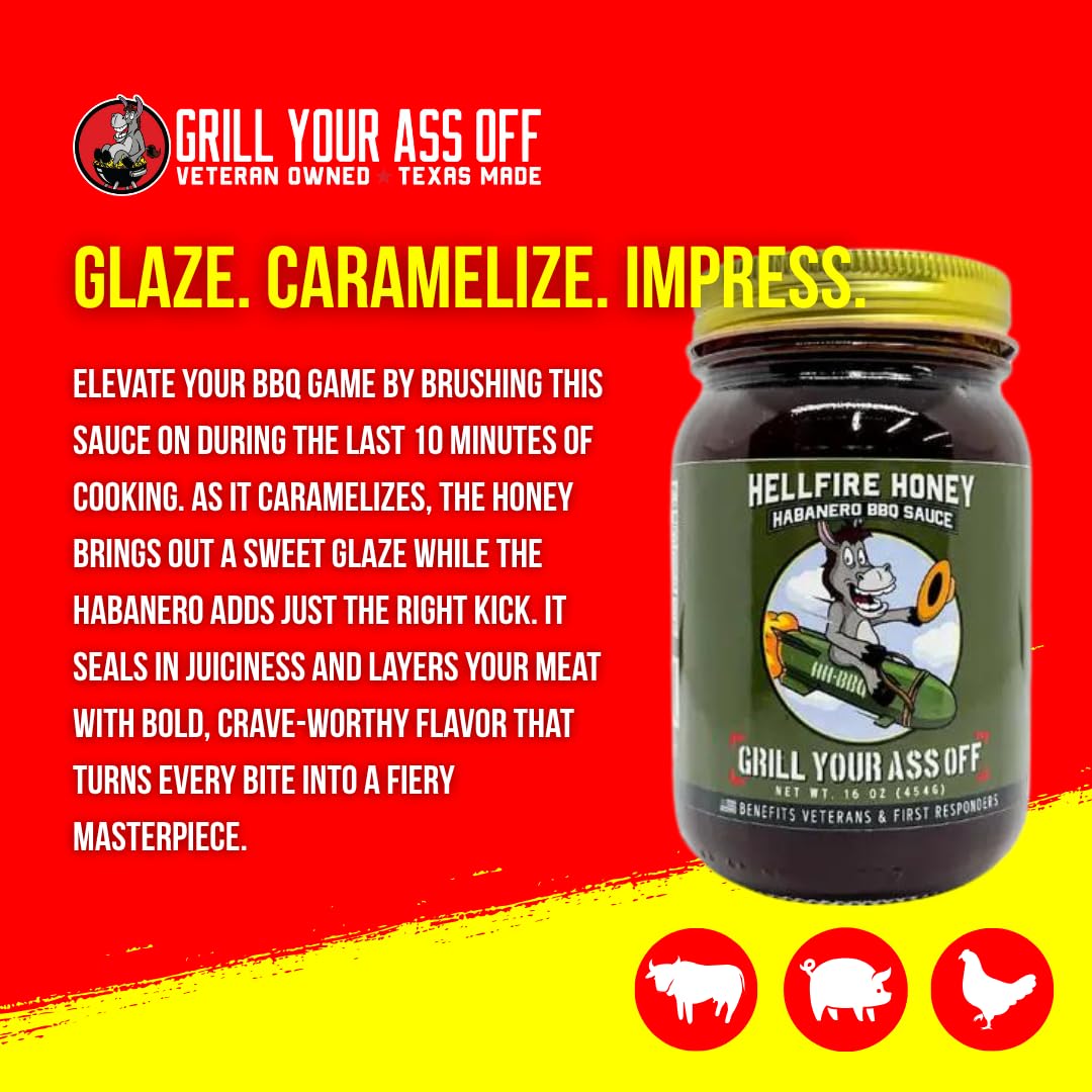 Grill Your As* Off Hellfire Honey Habanero BBQ Sauce - 16oz Sweet & Spicy Explosive Flavor Barbecue Sauce for Beef, Steak, Pork & Chicken - Gourmet