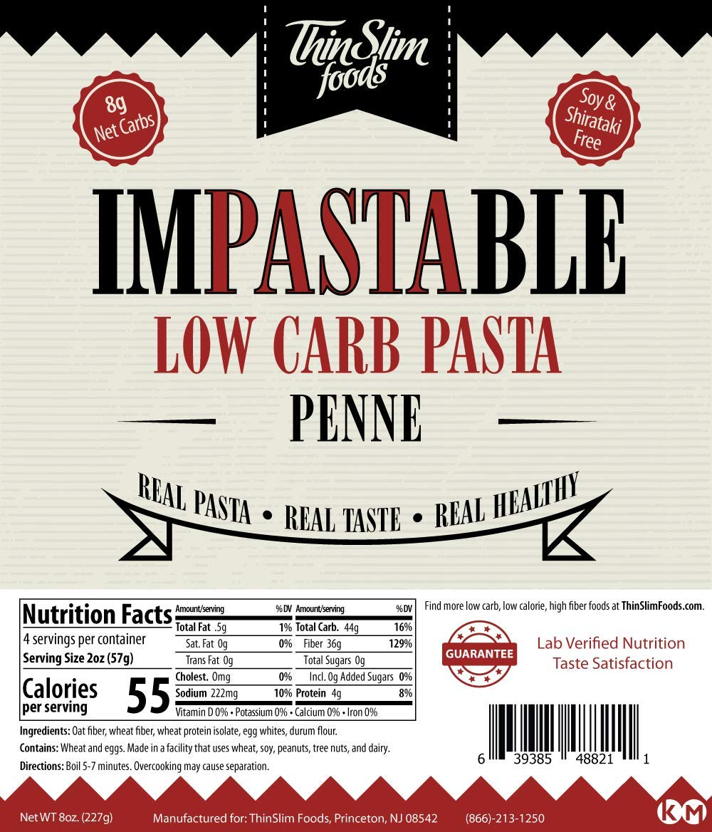 ThinSlim Foods Impastable Low Carb Pasta, Penne 2pack | 8g Net Carbs | 36g Fiber | 55 Calories | Not Shirataki | No Soy | No Pea or Bean Flour | Real