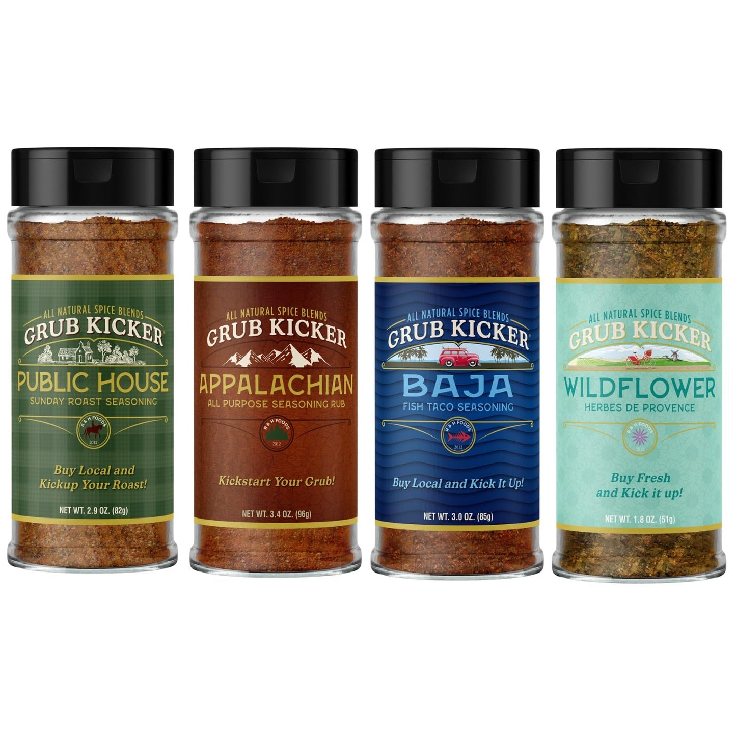 Grub Kicker assorted 4 pack includes: Wildflower Herbes De Provence, Appalachian All Purpose, Baja Fish Taco, Public House Sunday Roast. Premium