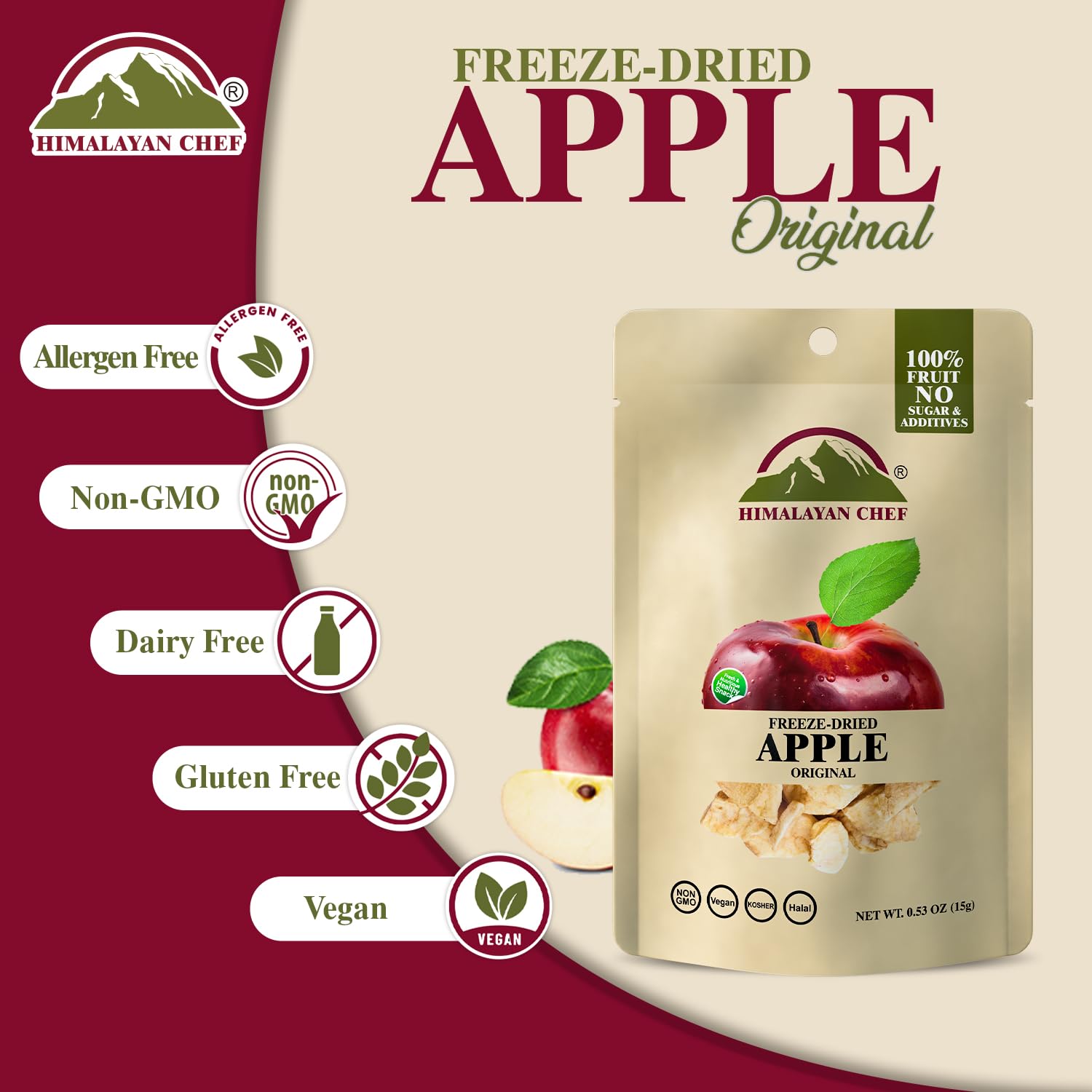 Himalayan Chef Freeze-Dried Fruit - 15g Freeze-Dried Apple, Healthy Organic Fruits Snacks for Kids & Adults | Baby Snacks, Gluten-Free Drieds Fruit