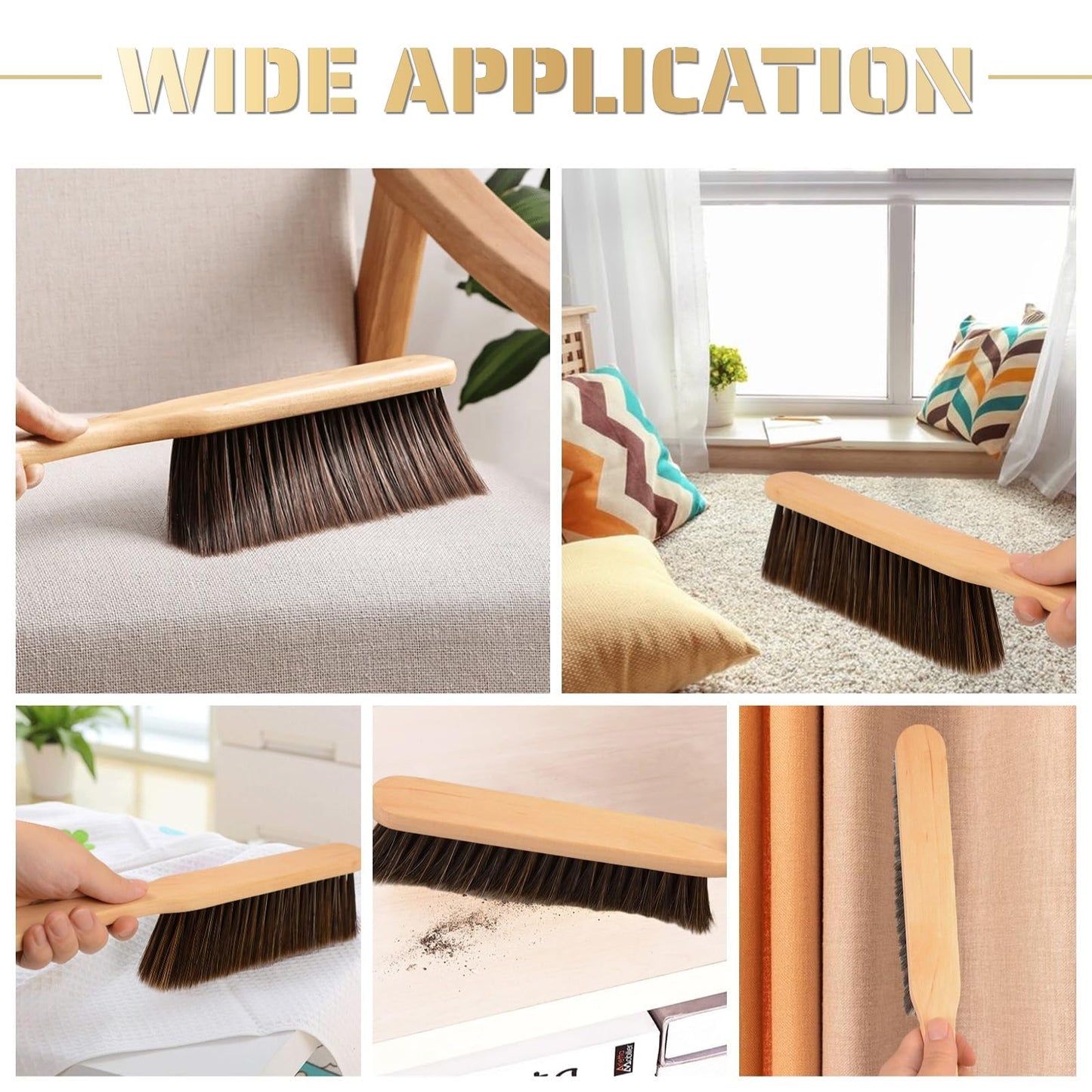 2 Pieces Woooden Dust Brush Hand Broom Bench Brush with Long Wood Handle Whisk Broom Soft Bristle Brush for Counter Bed Sofa Car Fireplace Clothes