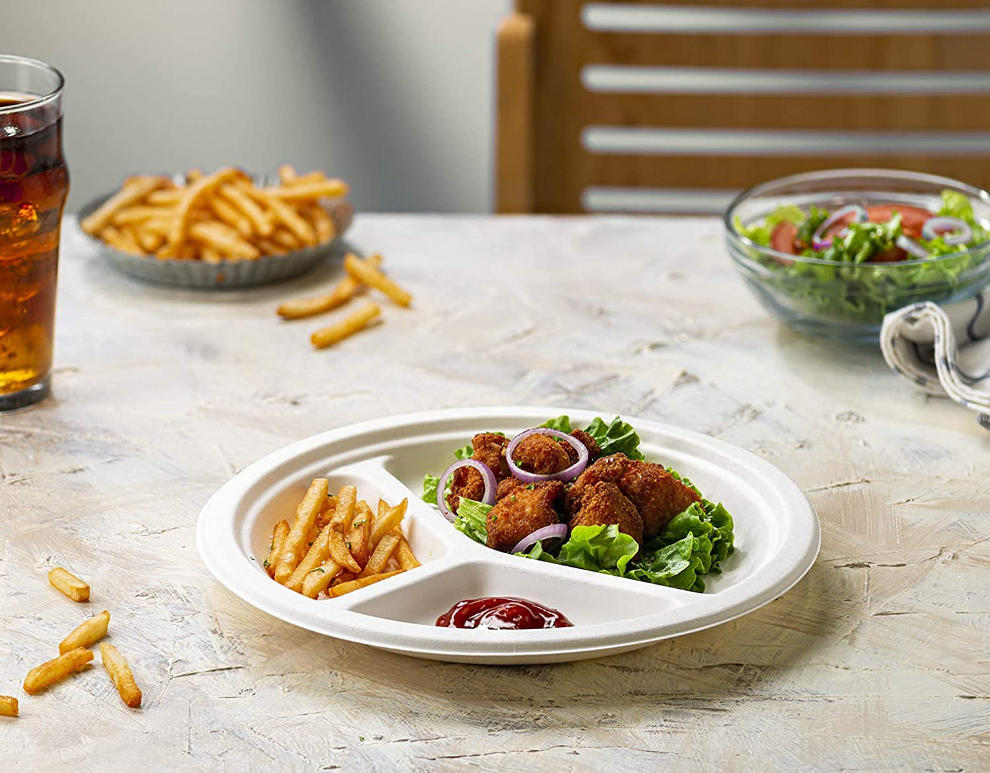 GUSTO 100% Compostable Sugarcane Paper Plates, Heavy Duty, Eco-Friendly, Biodegradable - White, 10 Inch, 3 Compartment, Case of 500