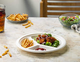 GUSTO 100% Compostable Sugarcane Paper Plates, Heavy Duty, Eco-Friendly, Biodegradable - White, 10 Inch, 3 Compartment, Case of 500