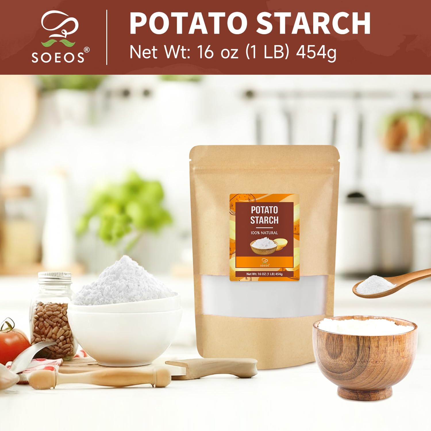 Soeos Potato Starch, 16 oz(1lb) 454g - Gluten-Free Thickener for Baking, Frying & Sauces, Crisp Texture Corn Starch for Tempura (Resealable Bag)