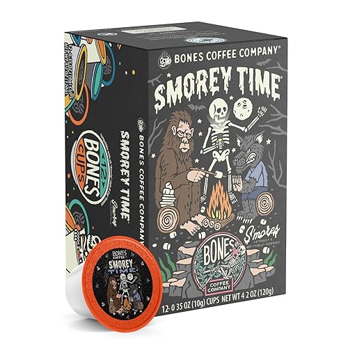 Bones Coffee Company Flavored Coffee Bones Cups S'morey Time S'mores and Graham Crackers | 12ct Single-Serve Coffee Pods Compatible with Keurig 1.0