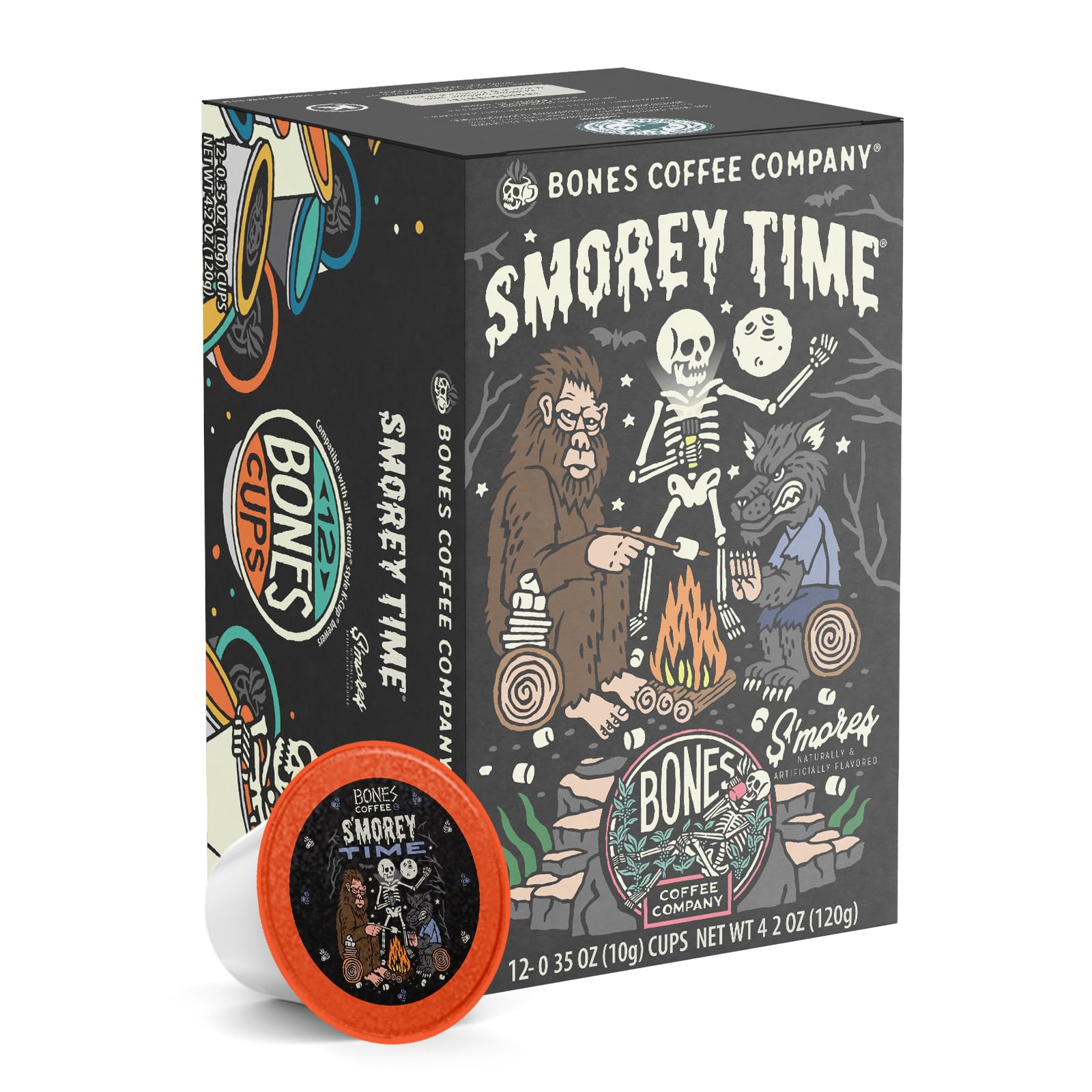 Bones Coffee Company Flavored Coffee Bones Cups S'morey Time S'mores and Graham Crackers | 12ct Single-Serve Coffee Pods Compatible with Keurig 1.0