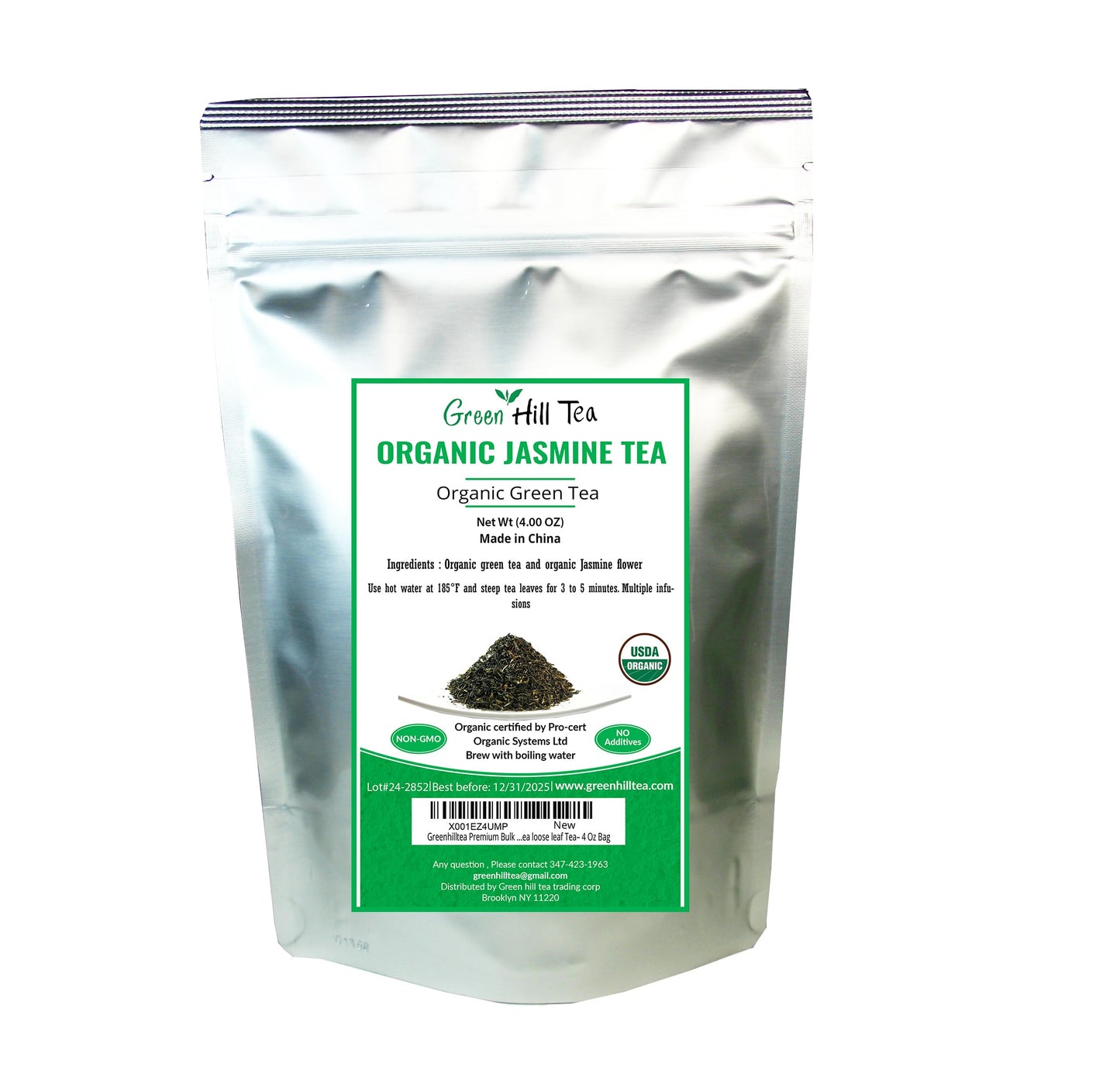 Greenhilltea Premium Bulk Tea, Organic Jasmine Green Tea loose leaf Tea- 4 Oz Bag