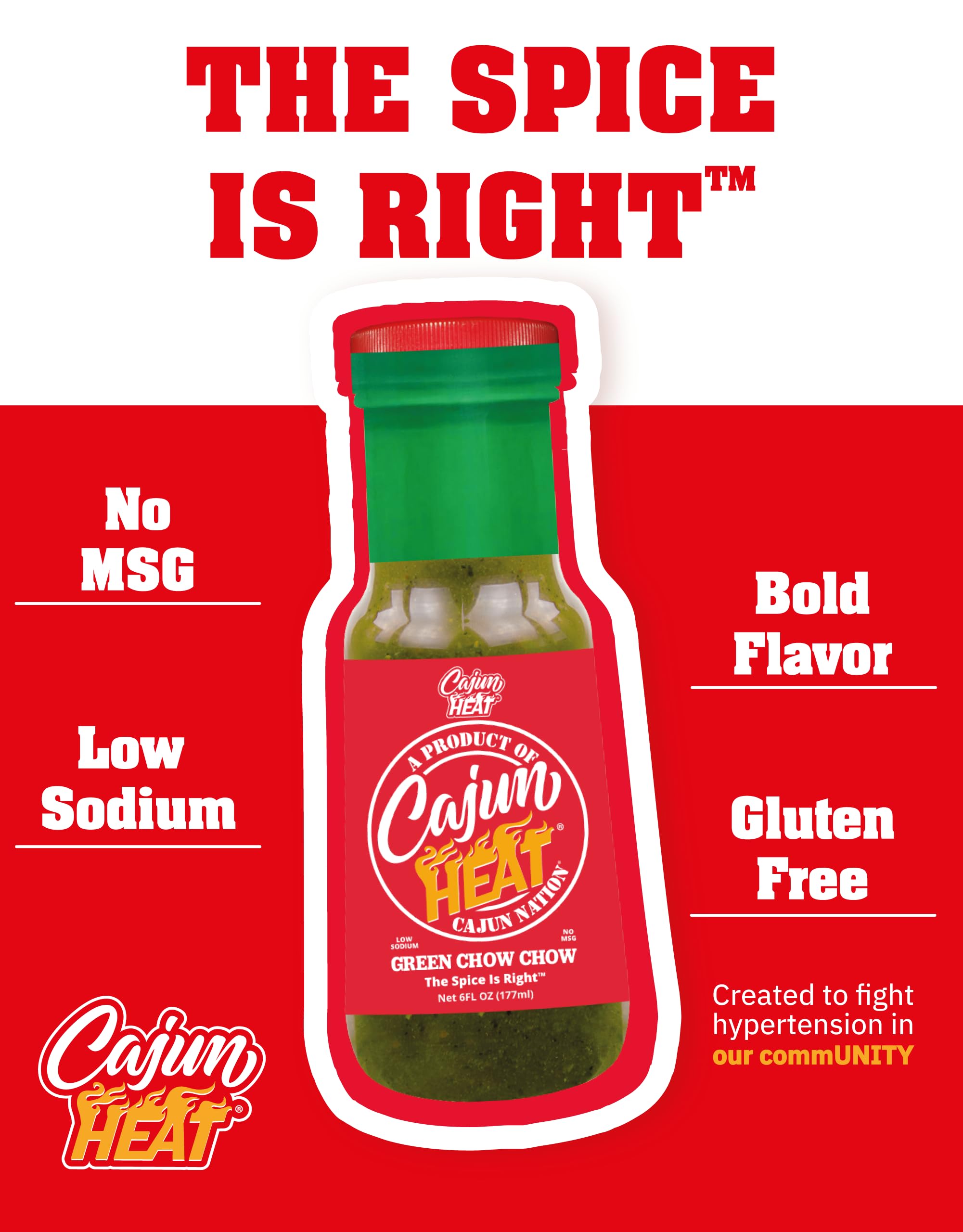 Cajun Nation CAJUN HEAT Green Chow Chow Relish 6oz - Crushed Green Pepper & Onion Spicy Relish, No MSG, Low Sodium- Zesty Tangy Pepper Flavor from