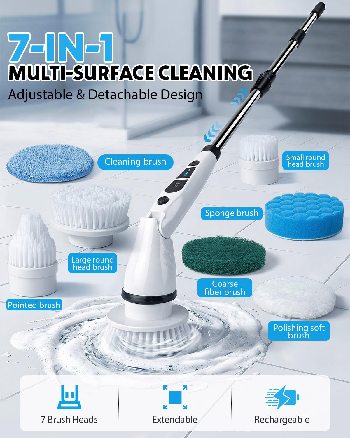 Electric Spin Scrubber, Shower Scrubber with Long Handle, 7 Brush Heads, 2-Speed Cordless Bathroom Cleaning Brush, 54in Extendable Electric Cleaning