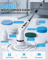 Electric Spin Scrubber, Shower Scrubber with Long Handle, 7 Brush Heads, 2-Speed Cordless Bathroom Cleaning Brush, 54in Extendable Electric Cleaning