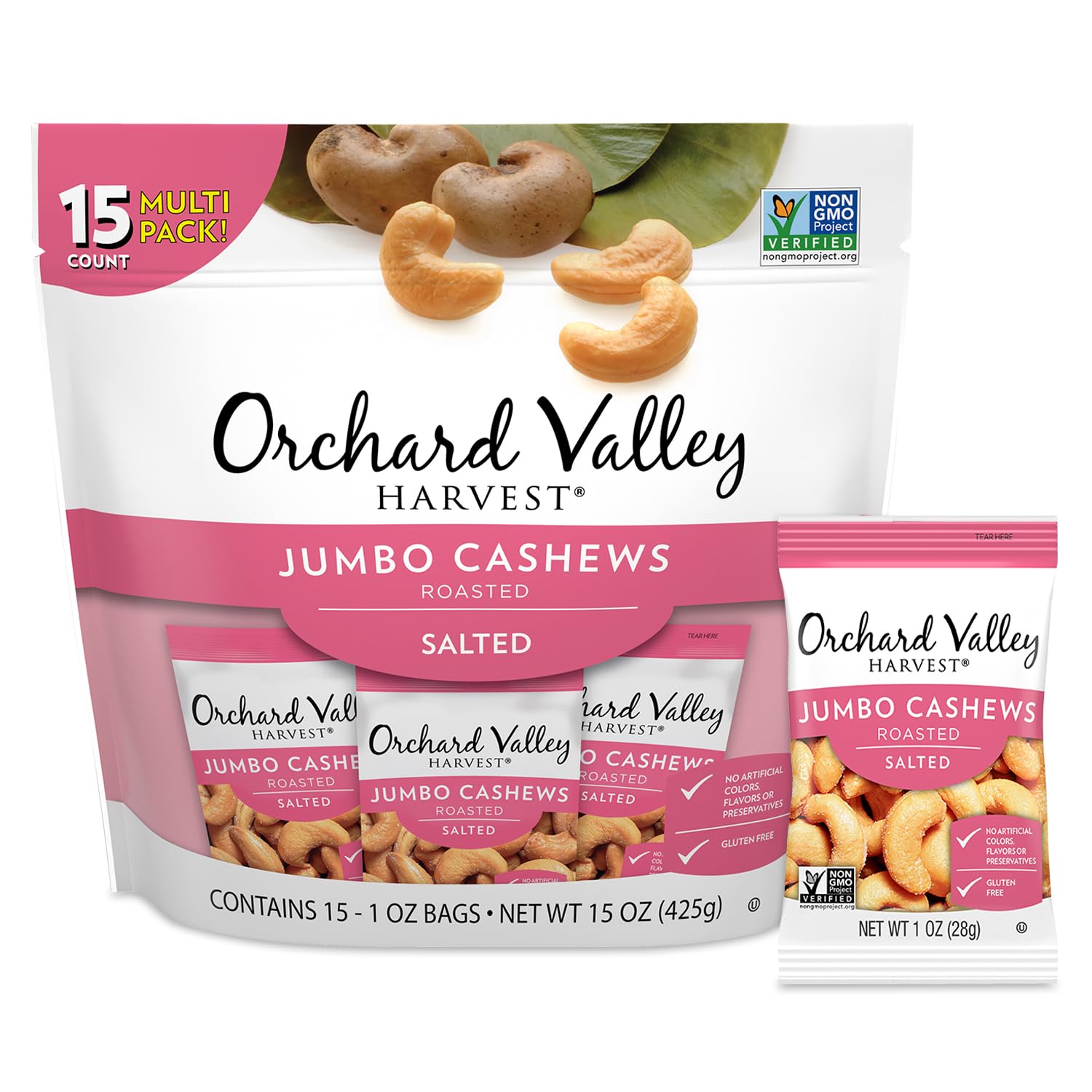 Orchard Valley Harvest Jumbo Cashews, 1 oz Bags (Pack of 15), Whole Roasted Salted Cashews, Gluten Free, No Artificial Colors or Flavors, Non-GMO*