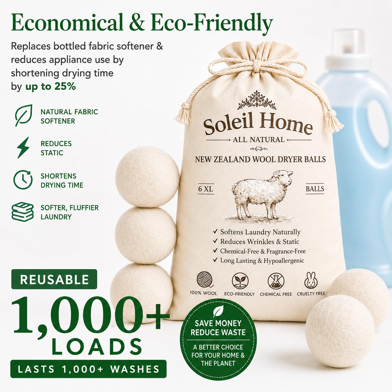 Wool Dryer Balls XL 6-Pack - 100% New Zealand Wool Laundry Balls - Natural Fabric Softener Alternative to Dryer Sheets - Reduces Static, Wrinkles