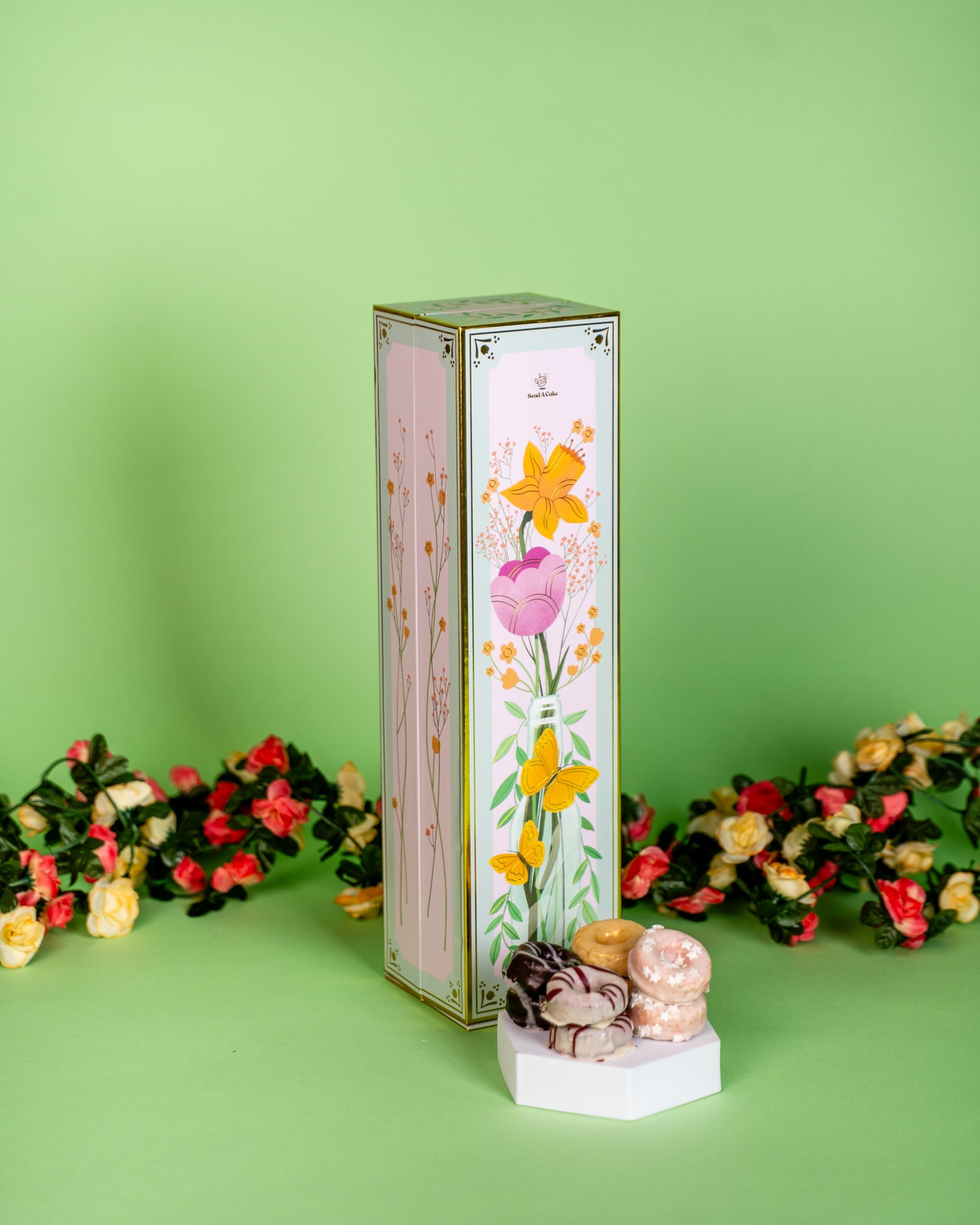 Floral Bubble Surprise Gift Box by Send A Cake- Ready to Gift, No Assembly Required with 8 Mini Cake Donuts - Gift for Women, Men, Sister, Mom, Dad