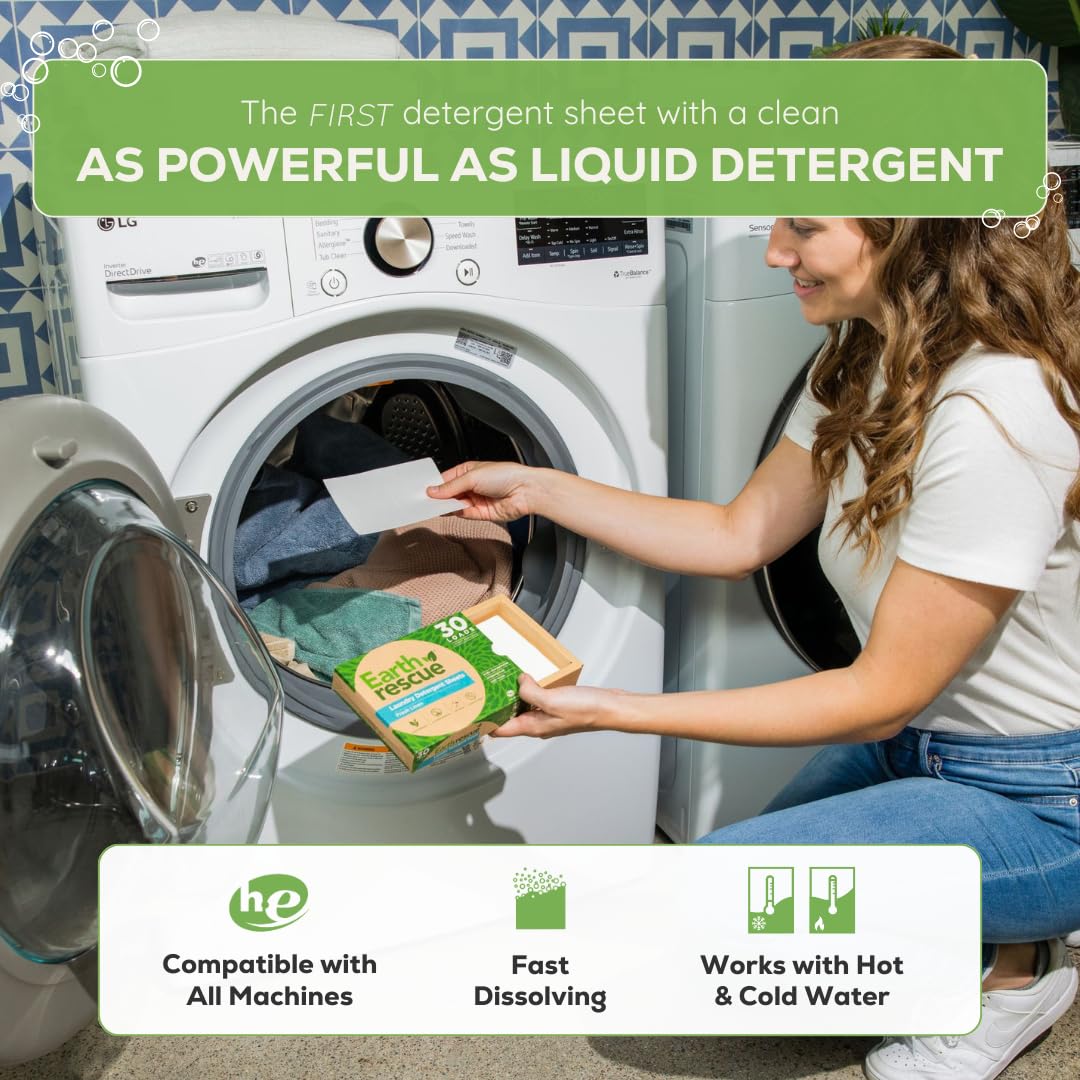 Earth Rescue Laundry Detergent Sheets - Up To 60 Loads (30 Sheets) - Unscented, Hypoallergenic, Concentrated Liquidless Dry Laundry Detergent, Ideal