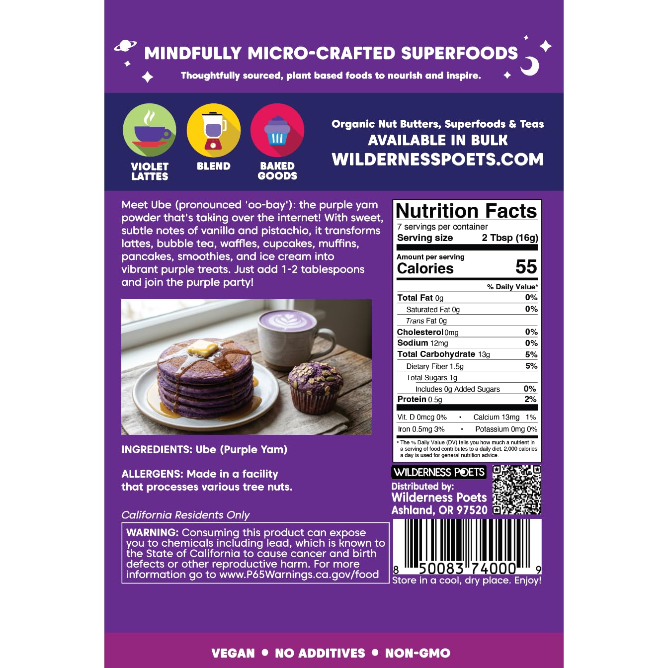 Wilderness Poets, 100% Ube Powder, Natural Purple Yam Powder (4 oz. bag) Baking, Beverages, Natural Color
