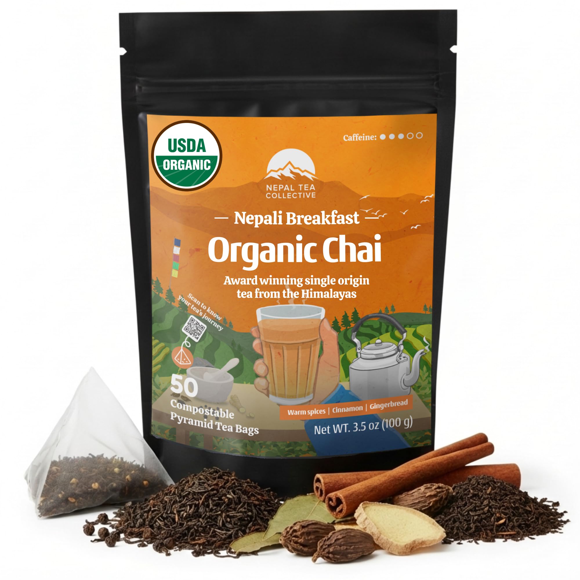 NEPAL TEA Organic Chai Tea Bags from the Himalayas, Chai Spice Blend - 50 Pyramid Tea Bags, Single Origin Chai Spice Tea from a Family Farm - Black