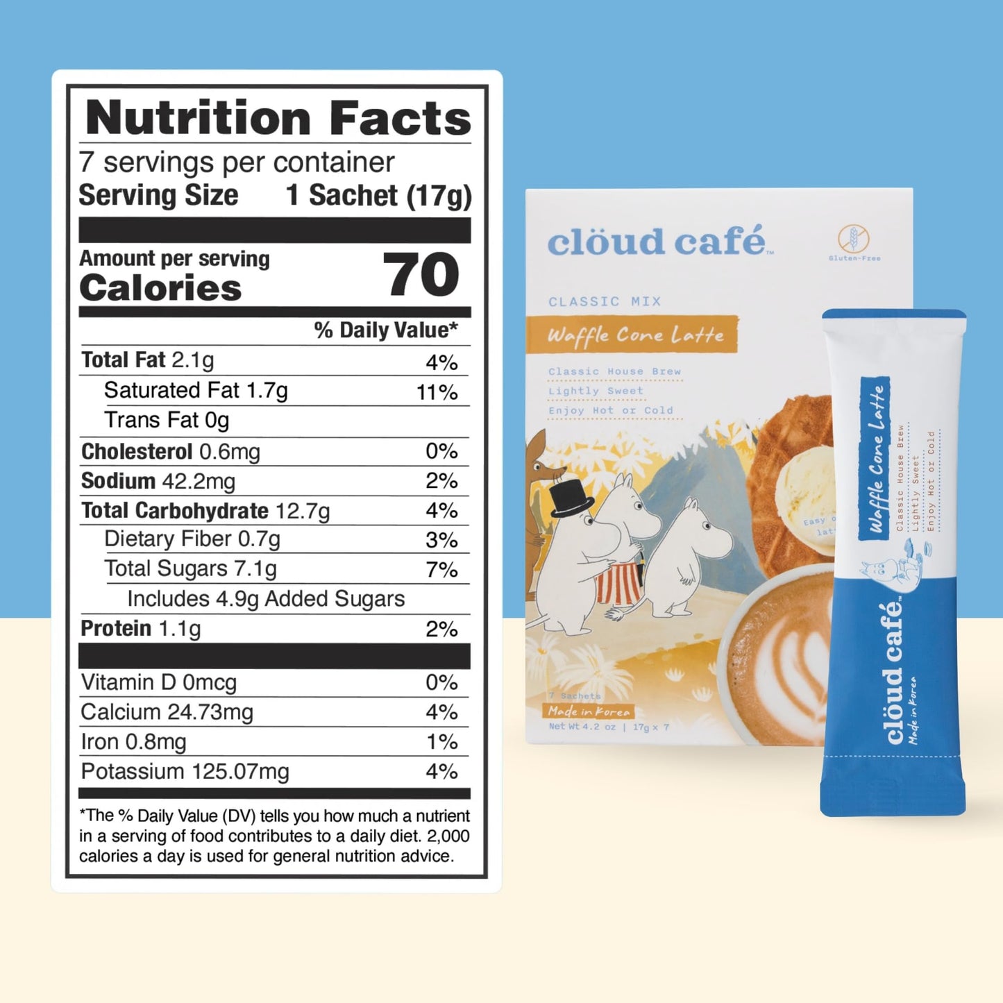 Clöud Café Moomin Waffle Cone Latte Instant Coffee Packets - Classic House Brew - Lightly Sweet - Easy One Step Latte for On-The-Go (7 Sachets)