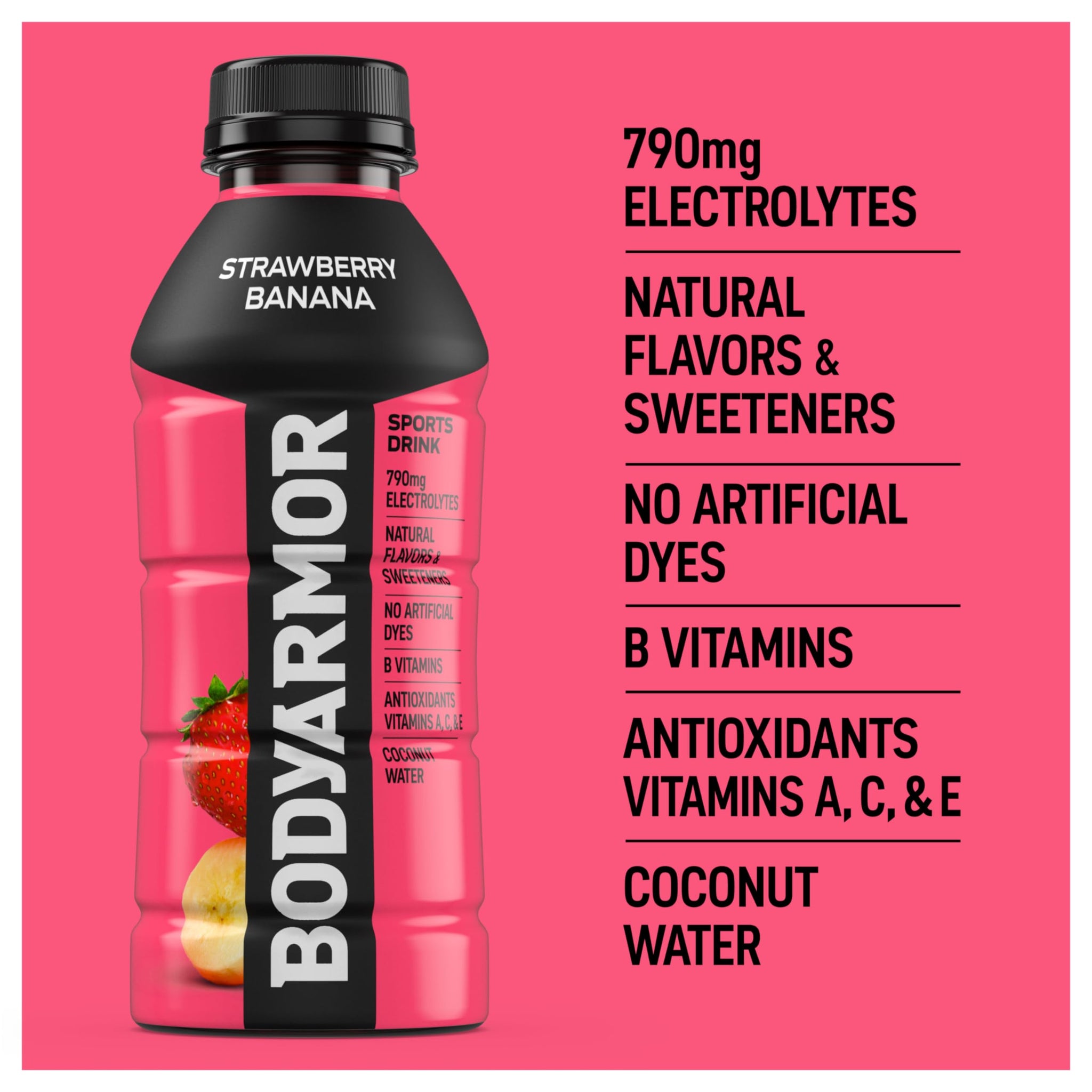 BODYARMOR Sports Drink, Strawberry Banana, Electrolyte Drink Hydration, 16 Fl Oz Bottles (12 Pack), Flavored Coconut Water with B Vitamins