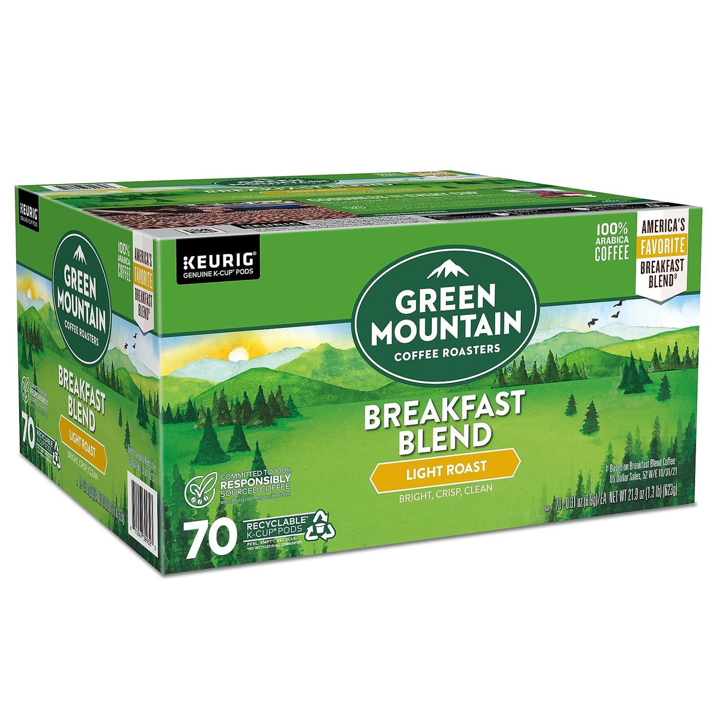 Green Mountain Breakfast Blend Coffee Keurig K-Cup Pods, Light Roast, 70/Box (5000373741)
