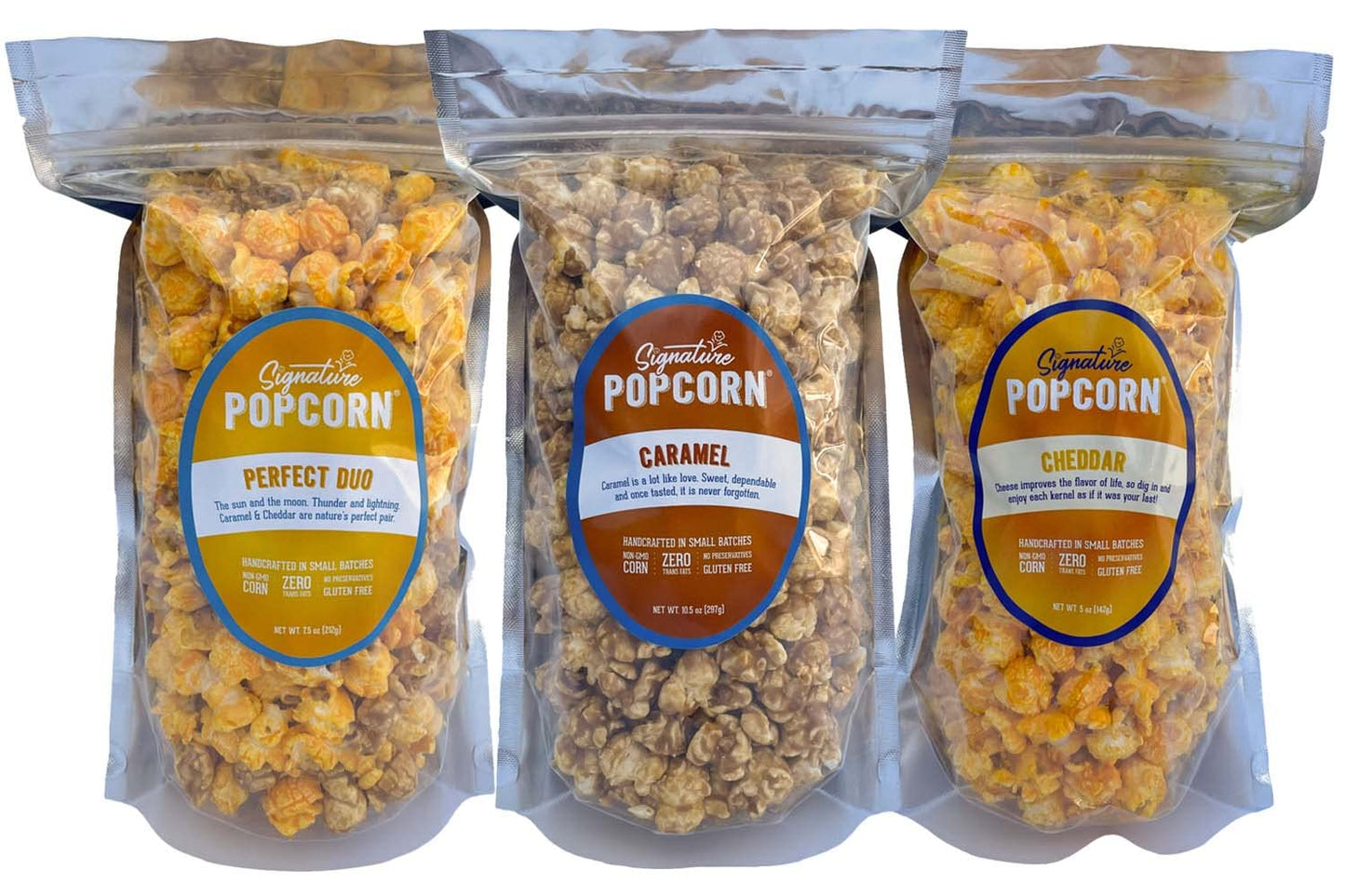 Signature Popcorn Gourmet Variety 3-Pack - Caramel, Cheddar & Perfect Duo (Caramel Cheddar Mix) - Resealable Bags - Handcrafted with Real Butter