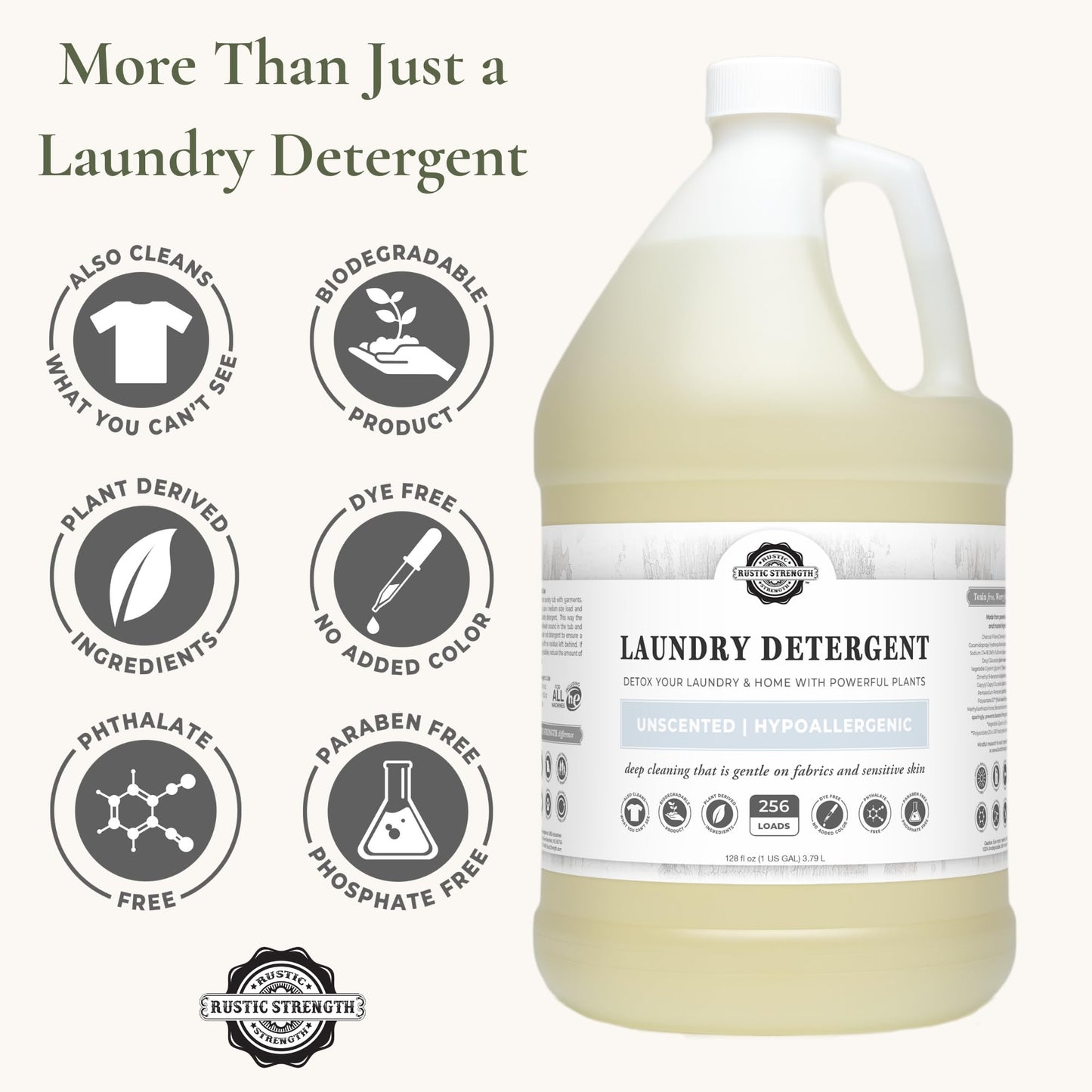 Rustic Strength Natural Laundry Detergent, Liquid, Unscented, Sensitive Skin, HE Compatible, 1 Gallon, Plastic