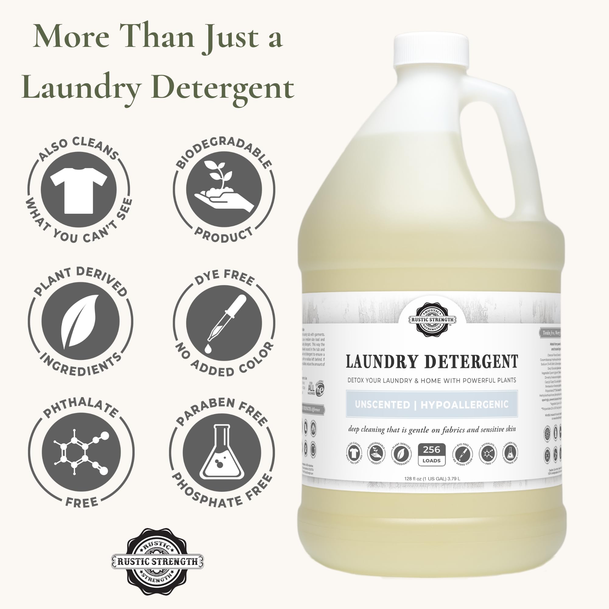 Rustic Strength Natural Laundry Detergent, Liquid, Unscented, Sensitive Skin, HE Compatible, 1 Gallon, Plastic