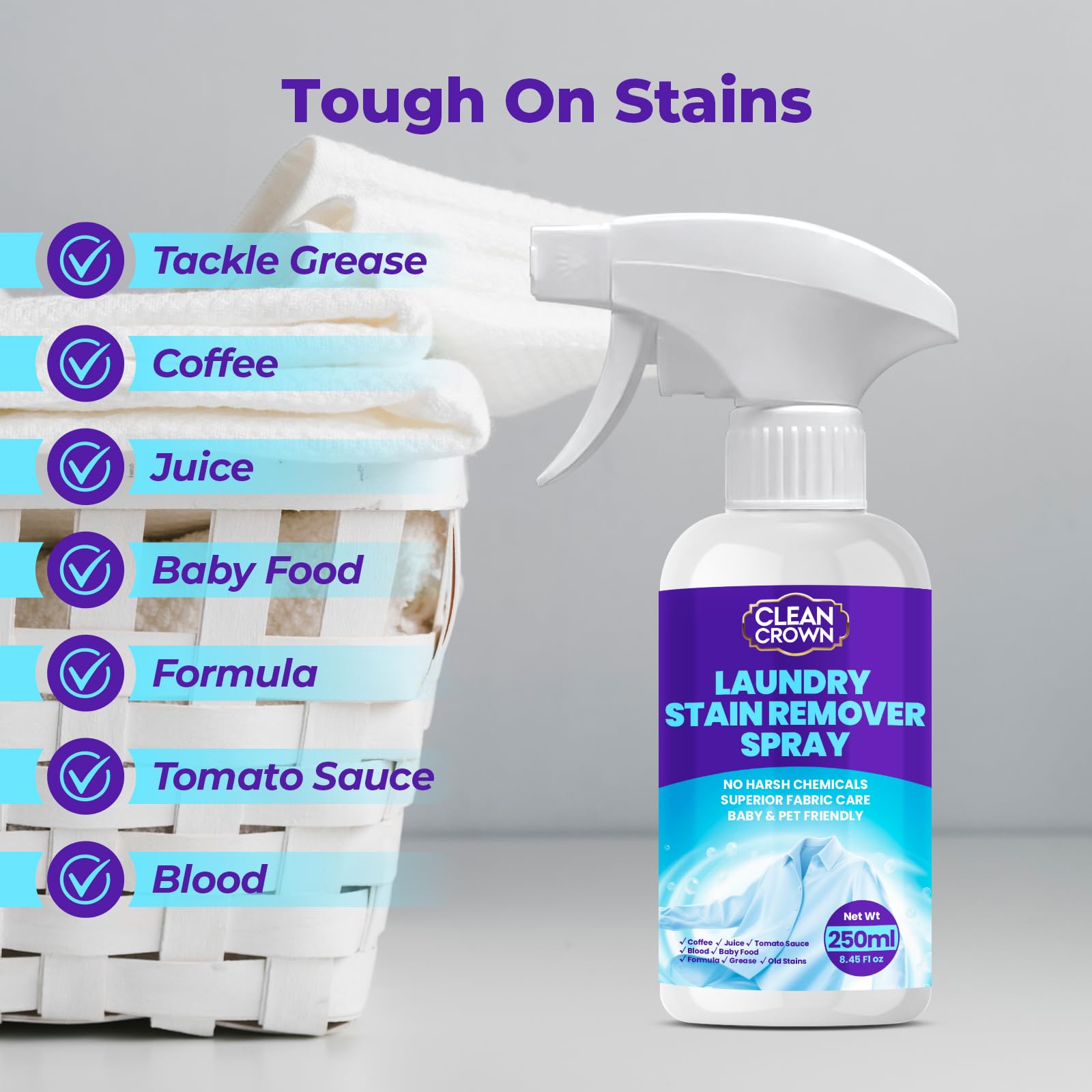 CleanCrown Laundry Stain Remover Spray (8.45 Fl oz), Spray and Wash Stain Remover for Clothes, Effective on Grease, Coffee, Juice, Baby Food, Formula