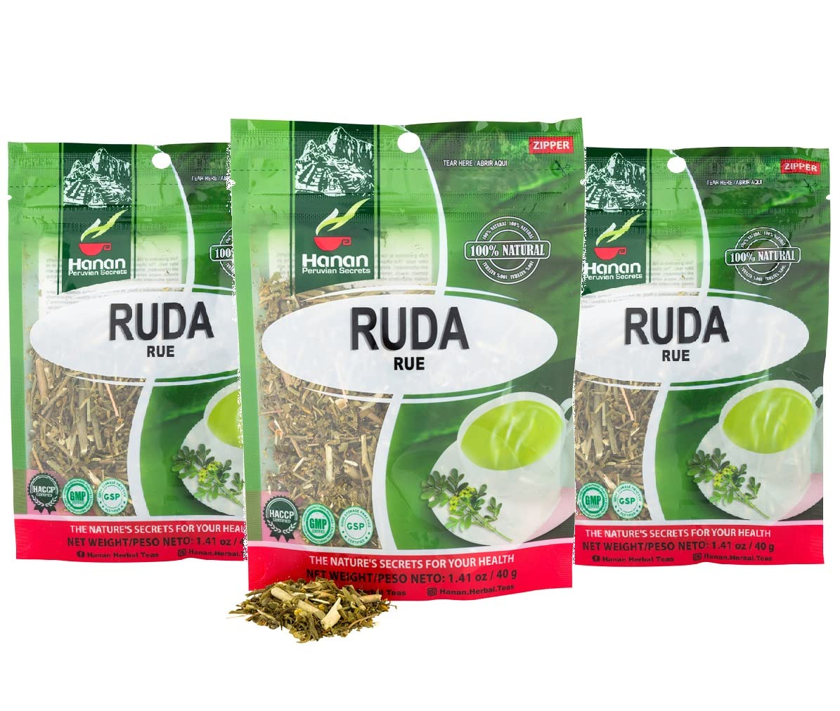 Hanan Ruda Loose Leaf Herbal Tea 4.2oz (120g of Rue Herb) - Pack of 3 Pouches with 40 Grams Each of All-Natural Rue Herb of Grace 4.2 Ounce (Pack