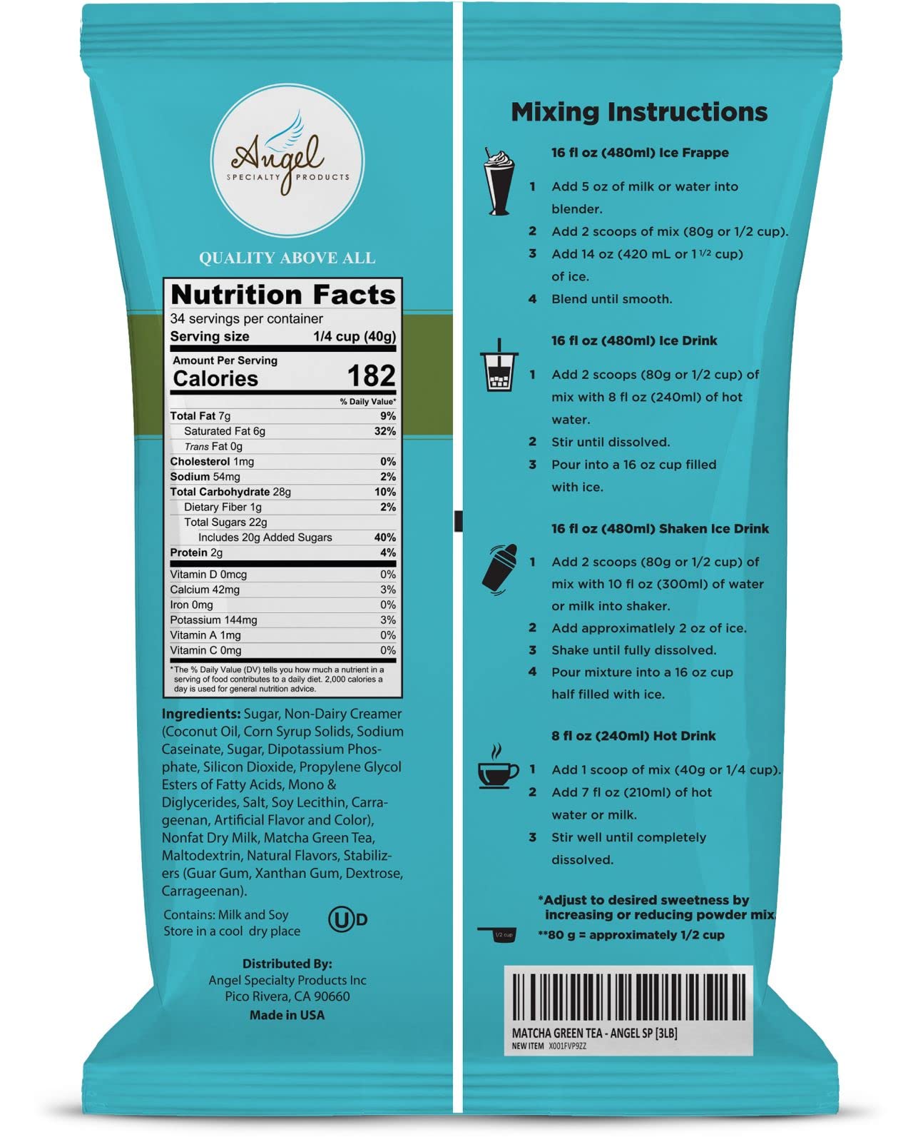 Angel Specialty Products Matcha Green Tea Blended Crème Mix [3 LB]