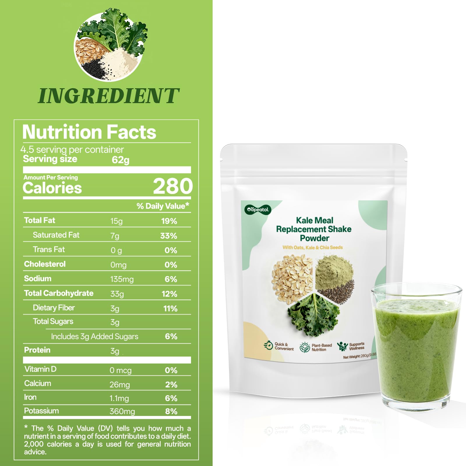 Freeze-Dried Kale Meal Replacement Shake | Powder with Oat & Chia Seeds, Plant Protein Rich Superfood Blend, Supports Energy, Digestive Support