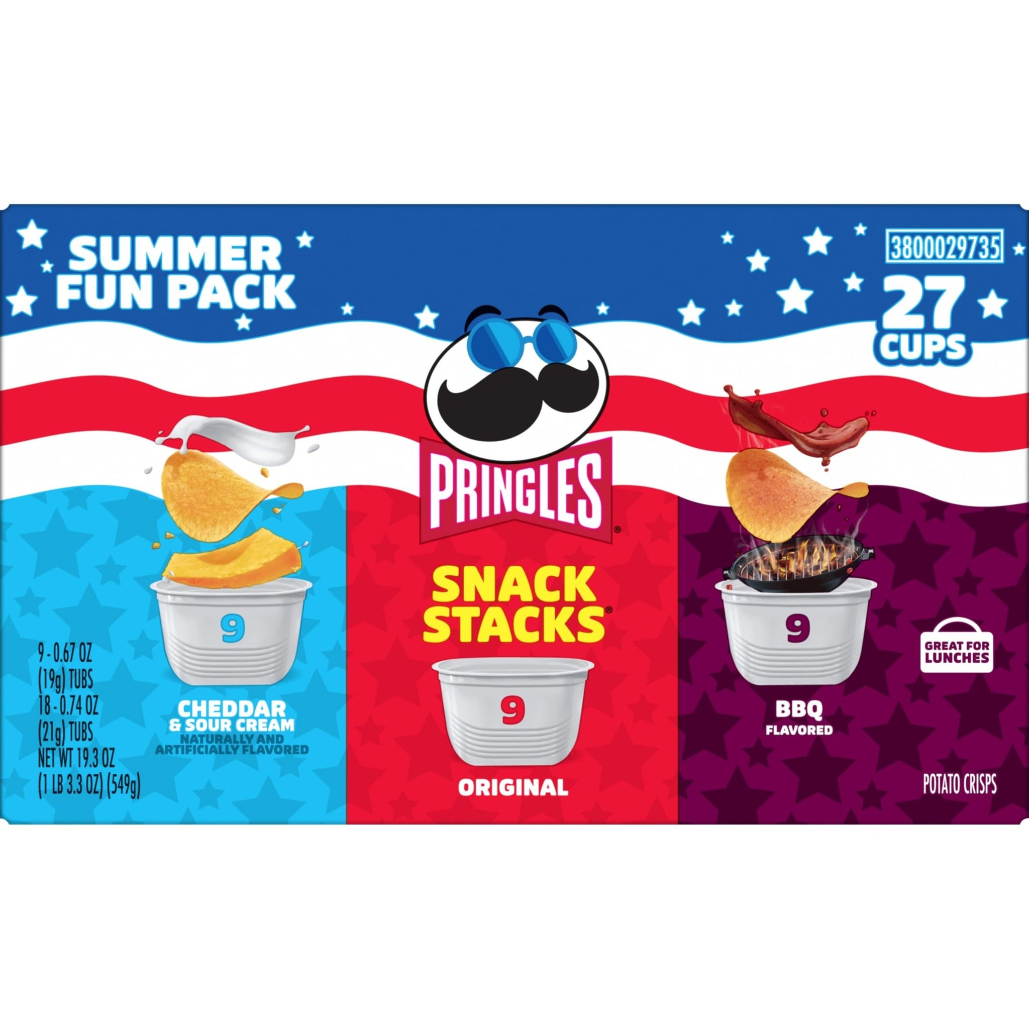 Pringles Potato Crisps Chips, Lunch Snacks, On-the-Go, Snack Stacks, Variety Pack, 19.36oz Box (27 Cups)