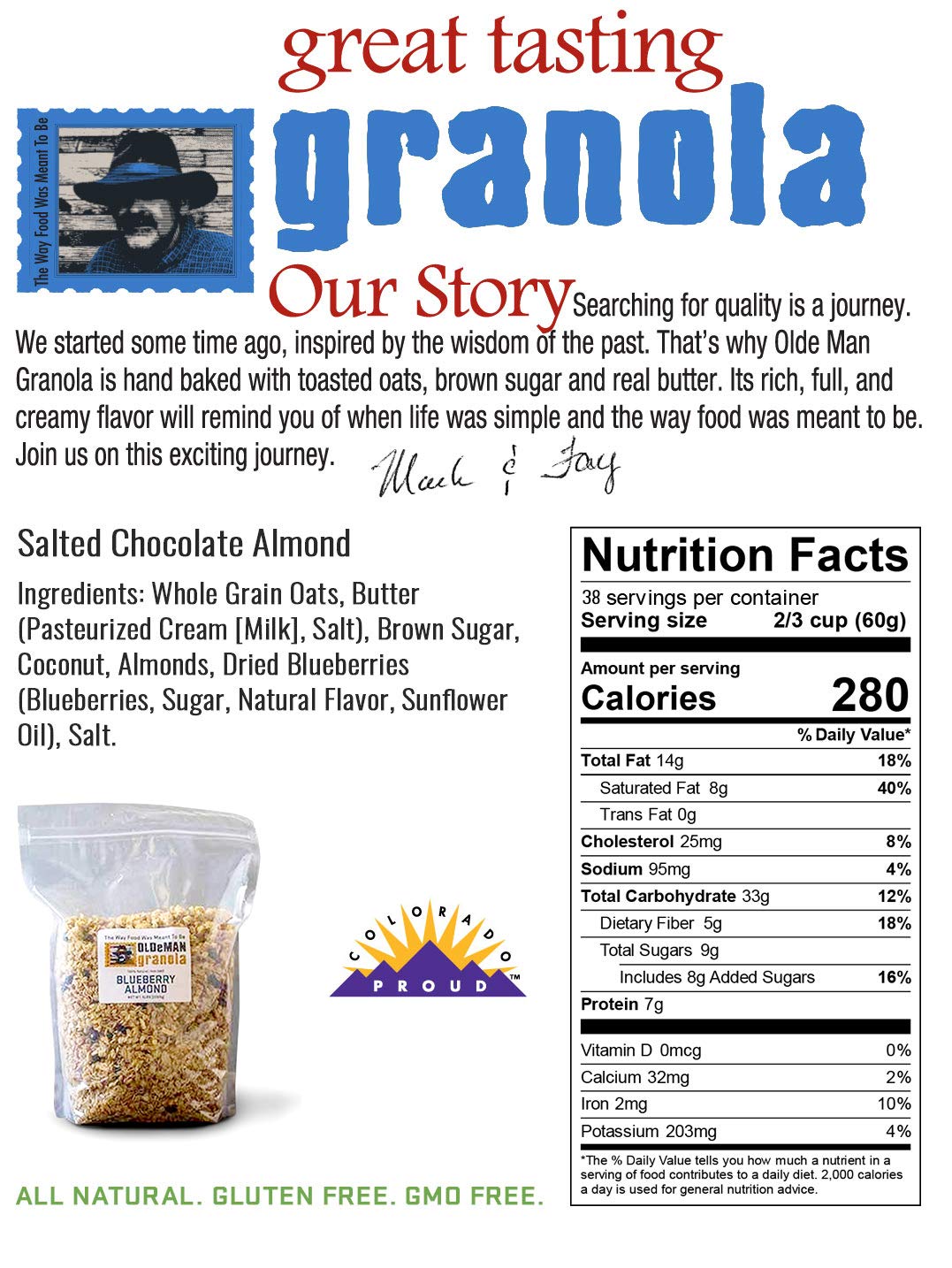 Olde Man Granola Gluten Free Granola - Non-GMO Healthy Granola Cereal - Soft Whole Grain Oats, Butter, Brown Sugar - Handmade in Colorado (Blueberry