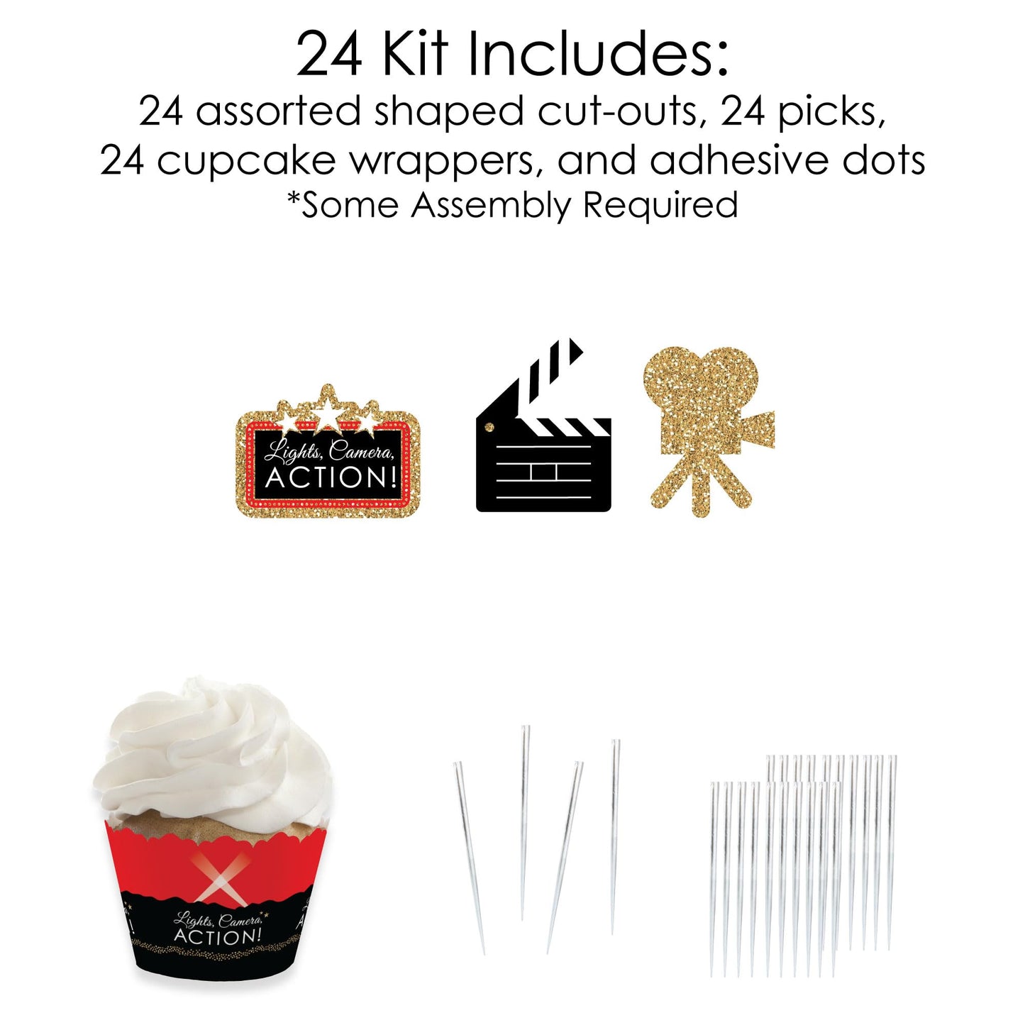 Big Dot of Happiness Red Carpet - Cupcake Decoration - Movie Night Party Cupcake Wrappers and Treat Picks Kit - Set of 24