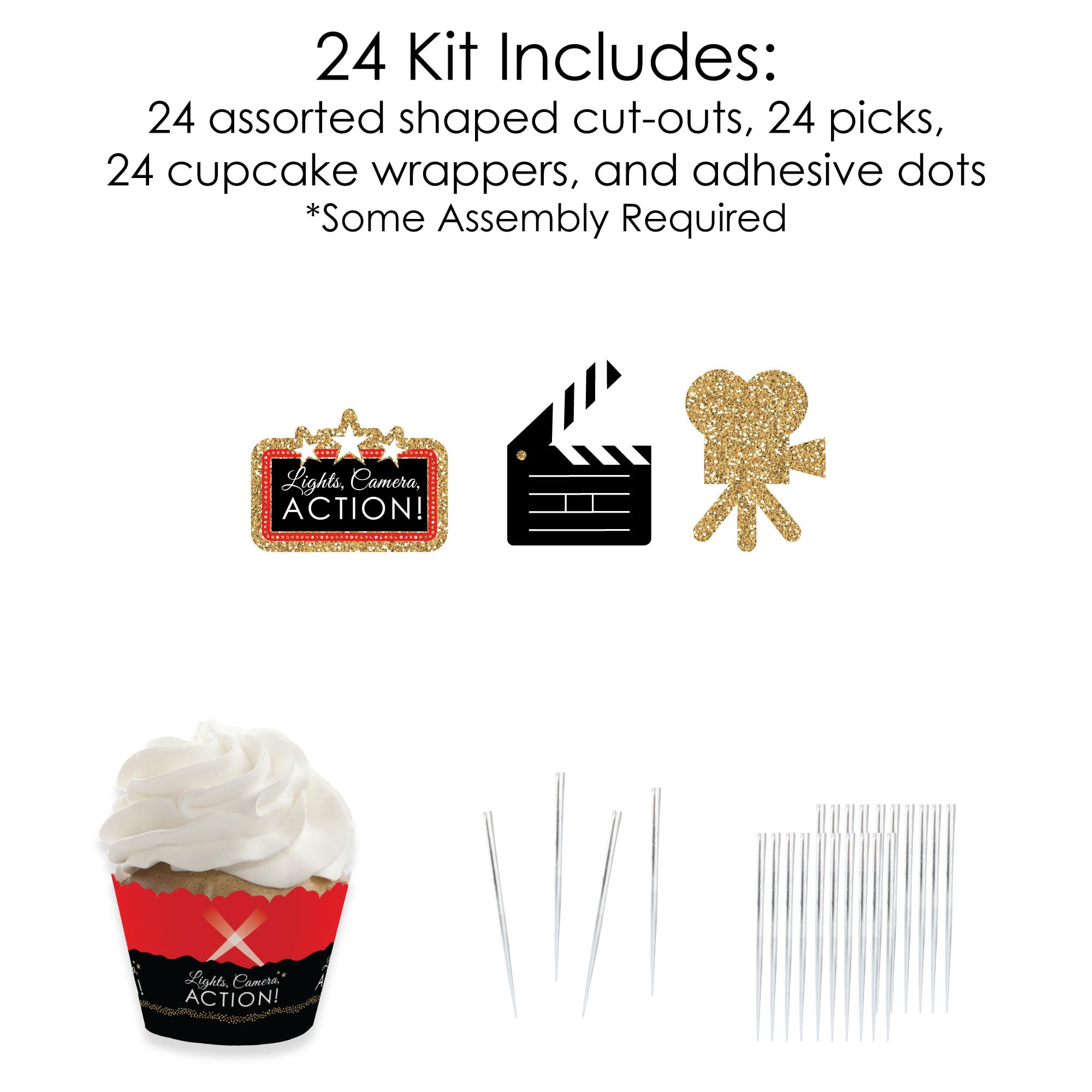 Big Dot of Happiness Red Carpet - Cupcake Decoration - Movie Night Party Cupcake Wrappers and Treat Picks Kit - Set of 24