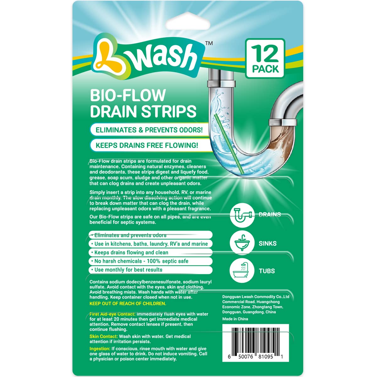 Lemon Scent Bio-Flow Drain Strips - 48 Strips | L-Wash Drain Cleaner & Odor Remover Sticks - Keeps Pipes Fresh