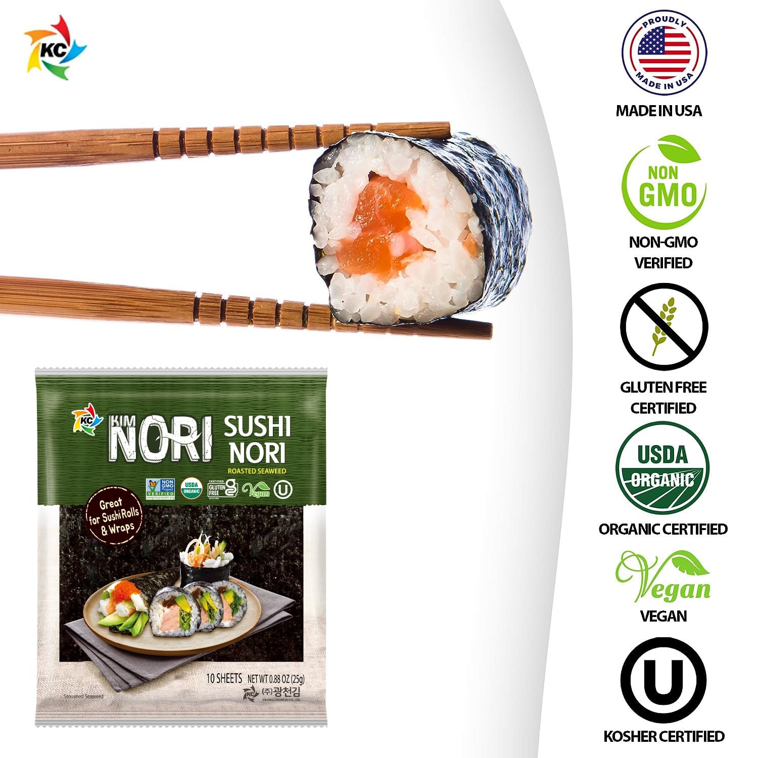 Kimnori Organic Roasted Seaweed Sushi Nori Sheets (10 sheets, 25g) - Professional Grade Full Size Nori for Sushi & Kimbap - California Crafted, Keto