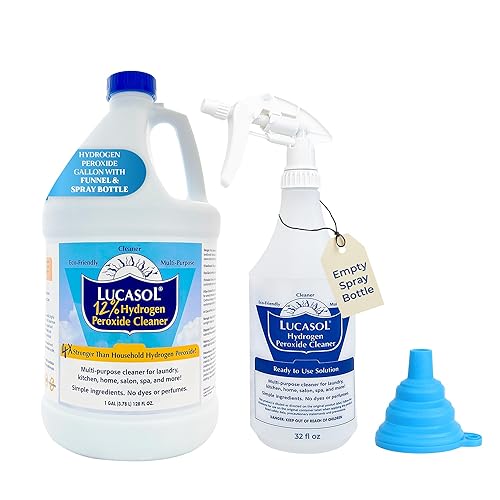 Lucasol Food Grade Hydrogen Peroxide 12% Percent with Funnel & Spray Bottle Combo - 1 Gallon (128 Fl Oz)