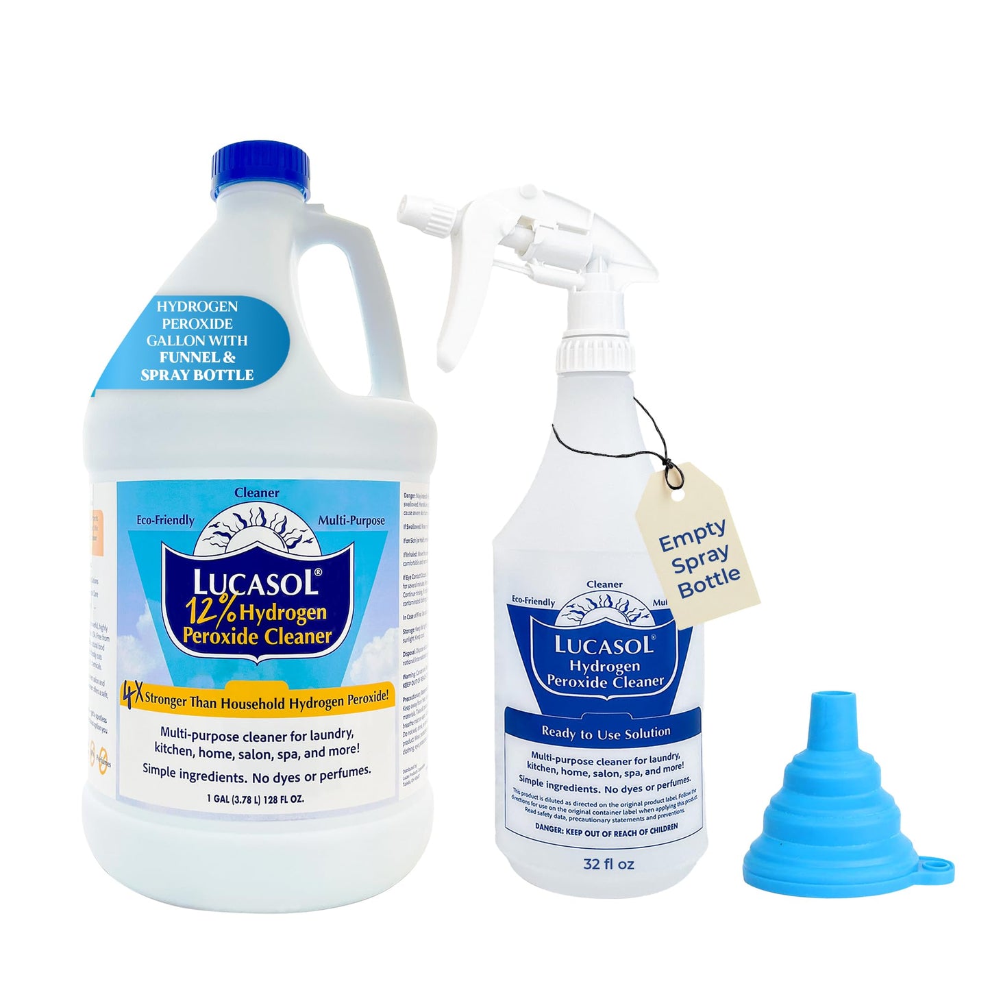 Lucasol Food Grade Hydrogen Peroxide 12% Percent with Funnel & Spray Bottle Combo - 1 Gallon (128 Fl Oz)