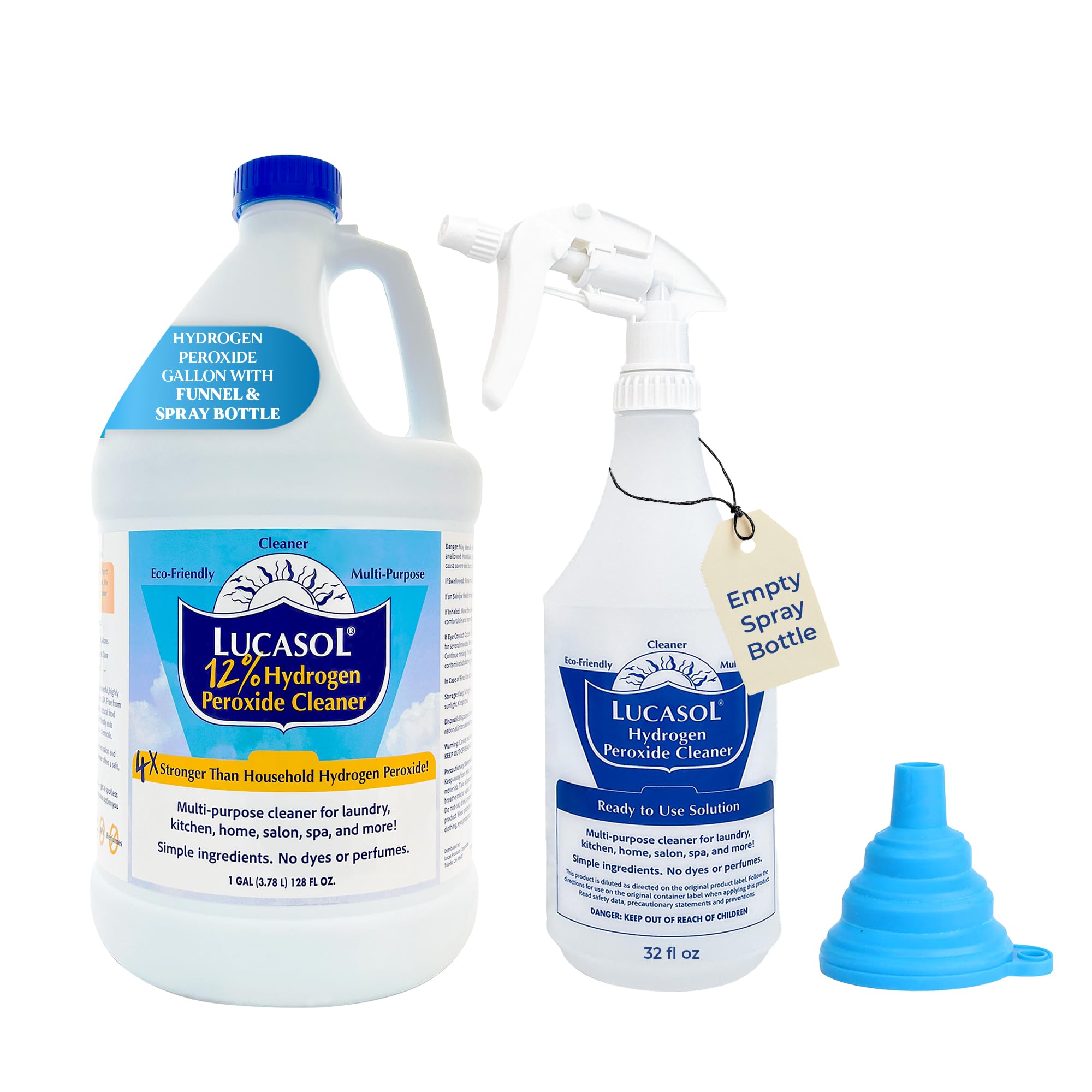 Lucasol Food Grade Hydrogen Peroxide 12% Percent with Funnel & Spray Bottle Combo - 1 Gallon (128 Fl Oz)