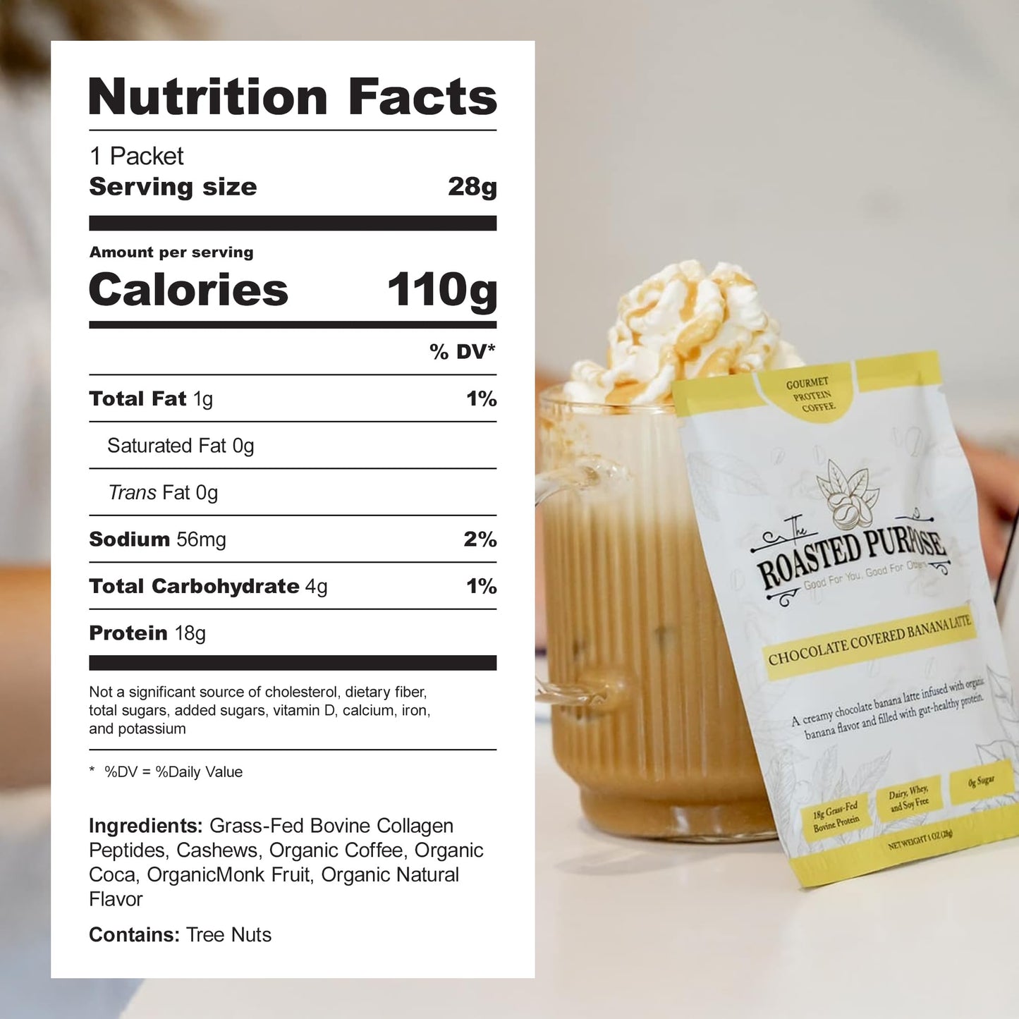 The Roasted Purpose Chocolate Covered Banana Latte Instant Organic Coffee with 18g of Grass-fed Collagen Protein, Dairy-Free, Sugar-Free, 10 Pack