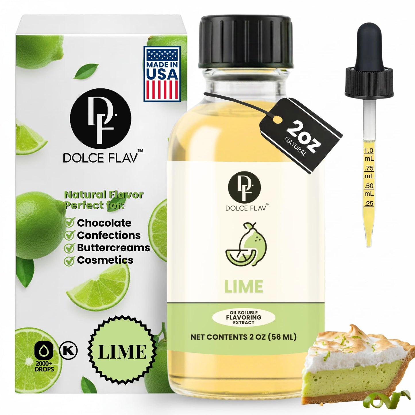 Dolce Flav Natural Lime Extract - 2 Ounce Oil-Soluble Kosher, Sugar-Free, Concentrated Citrus Lime Flavor for Candy, Chocolates & Desserts, Includes