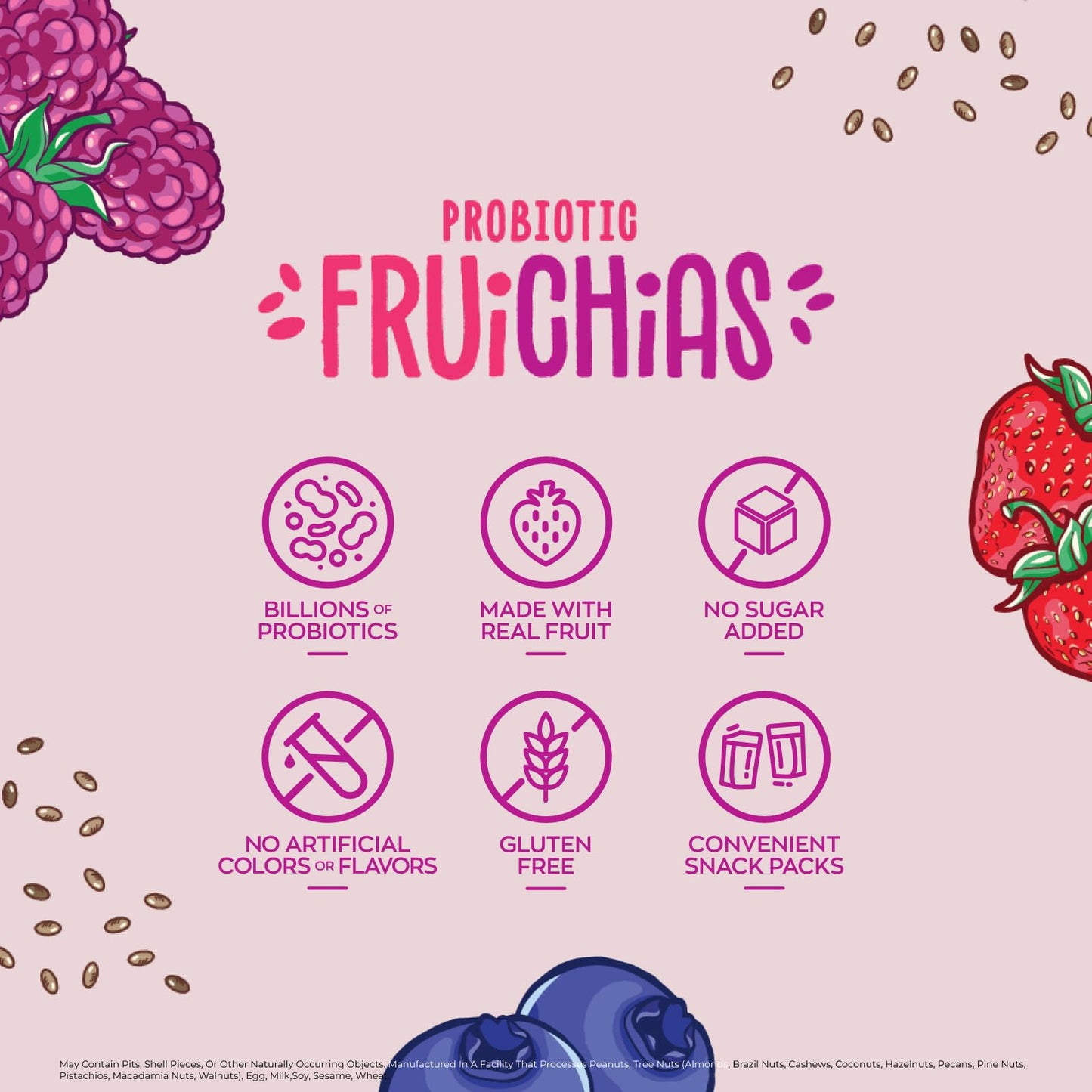 Nature's Garden Probiotic Fruichias Variety Pack - 24 Pack x 0.7oz, Probiotic Fruit Snack with Chia Seeds, Strawberry, Blueberry, Raspberry , No Sugar