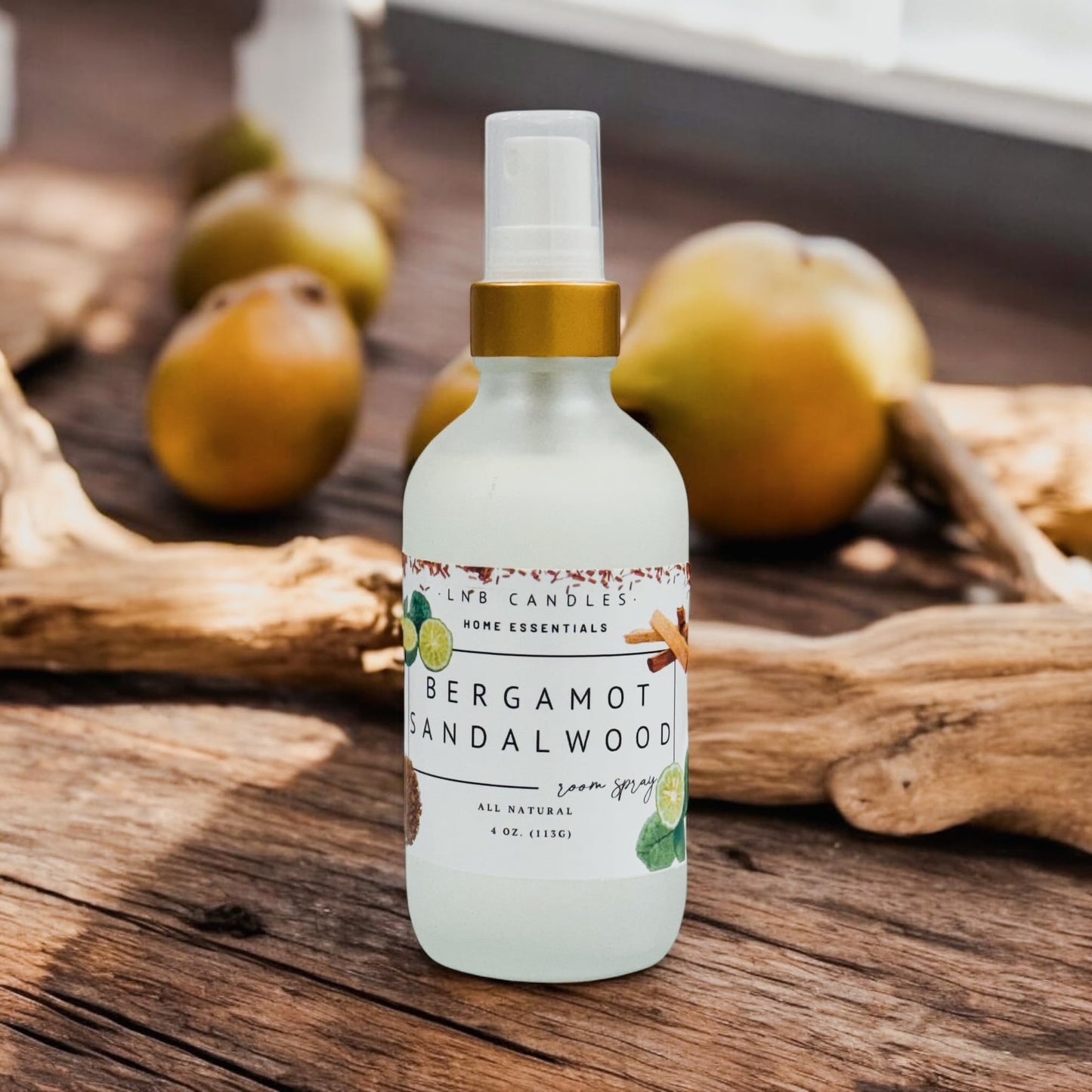 Bergamot Sandalwood Room and Linen Spray Made In USA Clean Ingredients Essential Oils Long Lasting Scent AIr Freshener Glass Bottle Pet Safe Musk