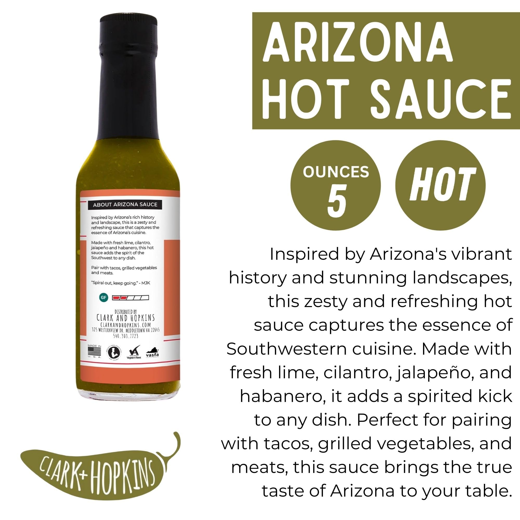Clark + Hopkins Arizona Sauce, Arizona's Zesty and Refreshing Sauce, Made with Fresh Lime, Cilantro, Jalapen?o and Habanero, 5 Ounce (1 Pack)