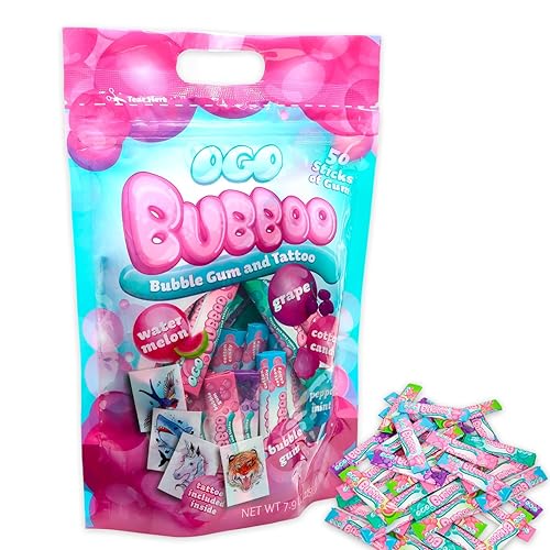 Bubboo Bubble Gum and Temporary Tattoos Set - Party Supplies Set with 50 Pieces of Bubblegum in 5 Flavors and 50 Temporary Tattoos for Boys, Girls