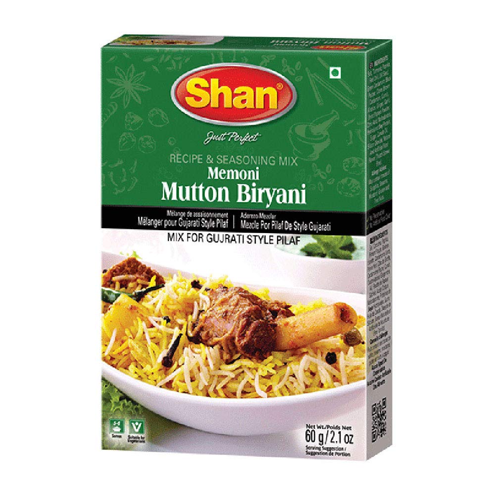 Shan Memoni Mutton Biryani Recipe and Seasoning Mix 2.11 oz (60g) - Spice Powder for Gujrati Style Pilaf - Suitable for Vegetarians - Airtight Bag in